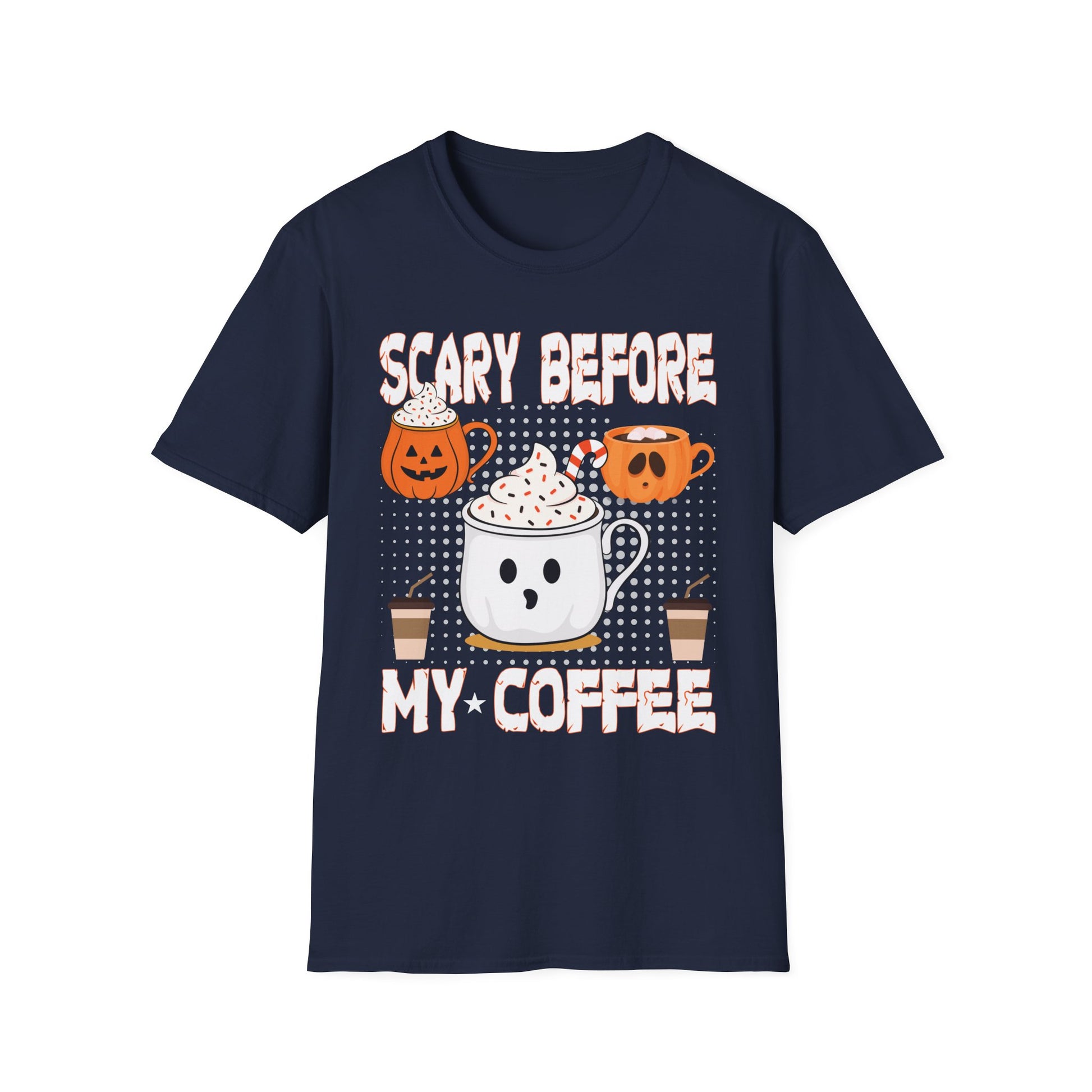 Halloween Coffee T‑Shirt — "Scary Before My Coffee" Cute Pumpkin & Mug Graphic