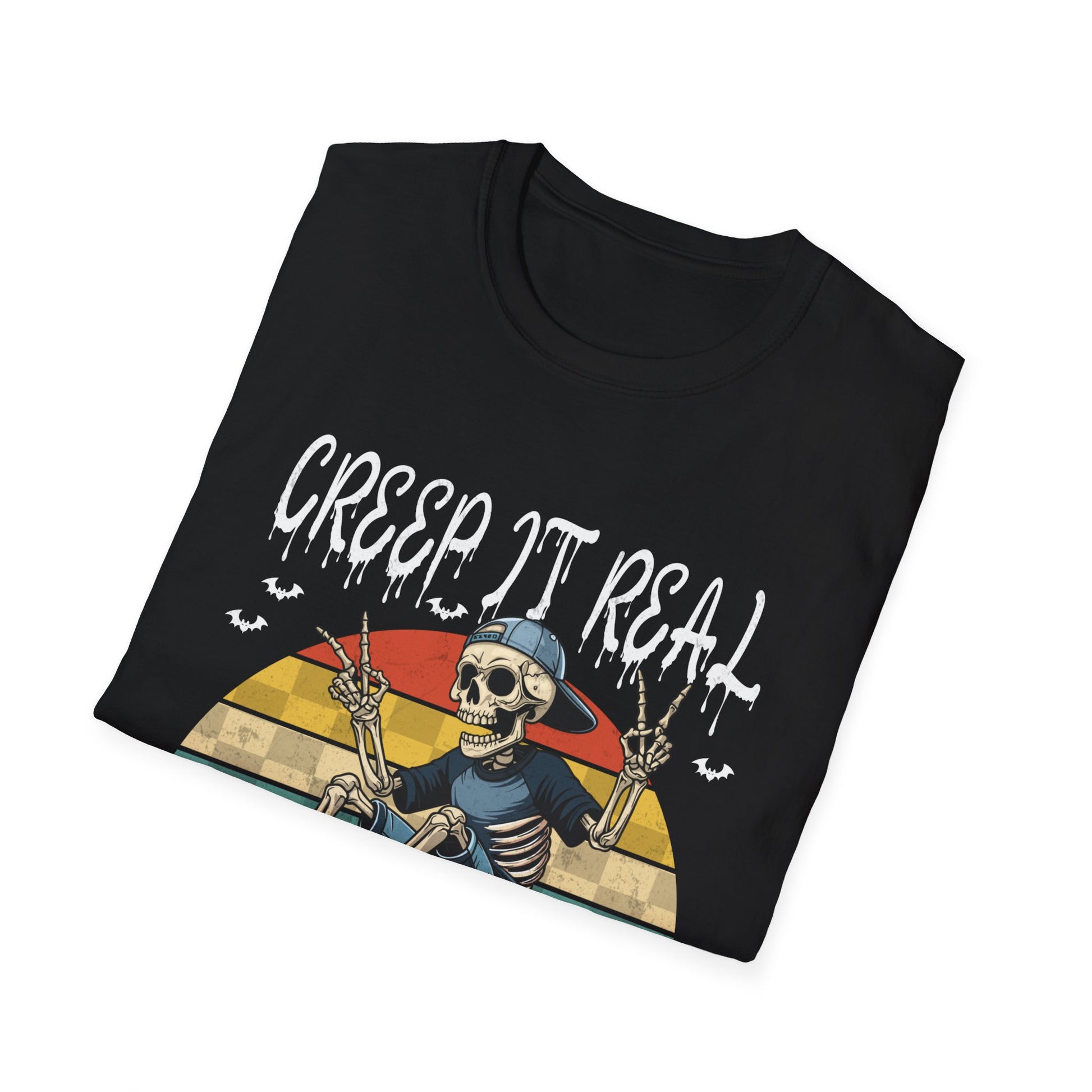 Creep It Real Skateboard Skeleton T-Shirt — Retro Halloween Skull Tee