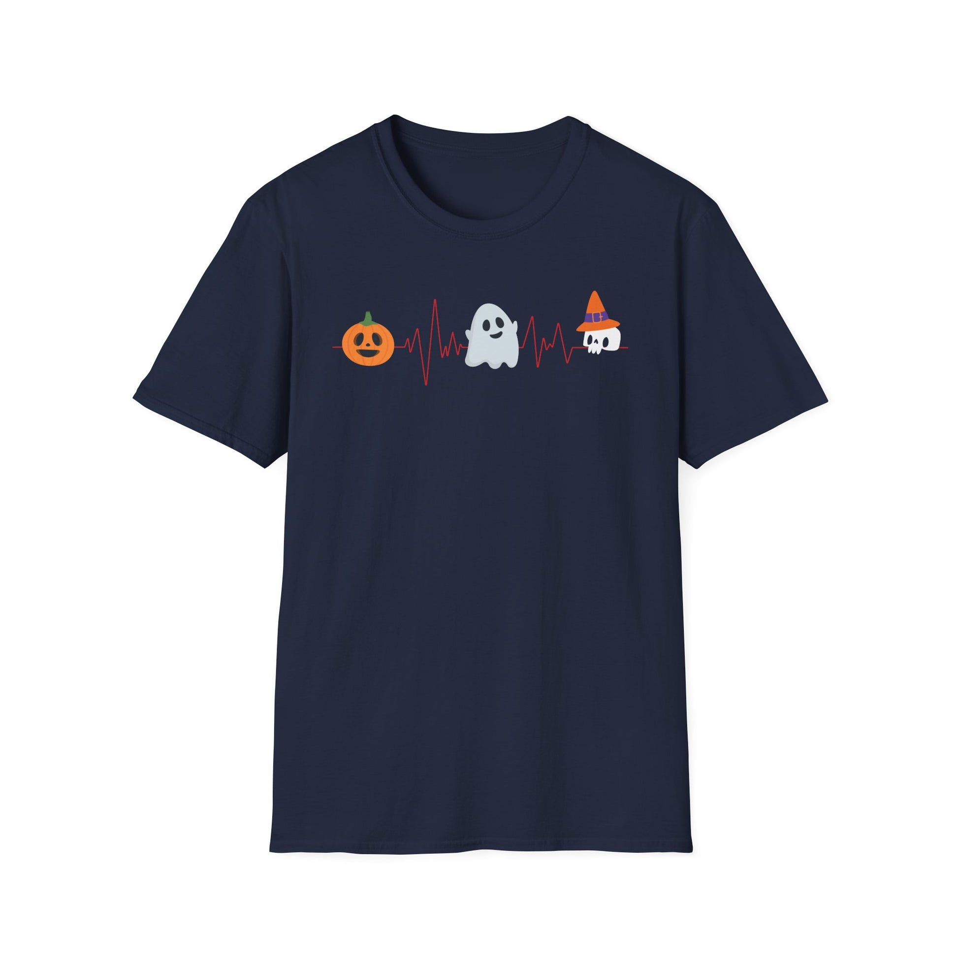 Halloween Heartbeat T-Shirt — Pumpkin, Ghost & Candy Skull Graphic Tee