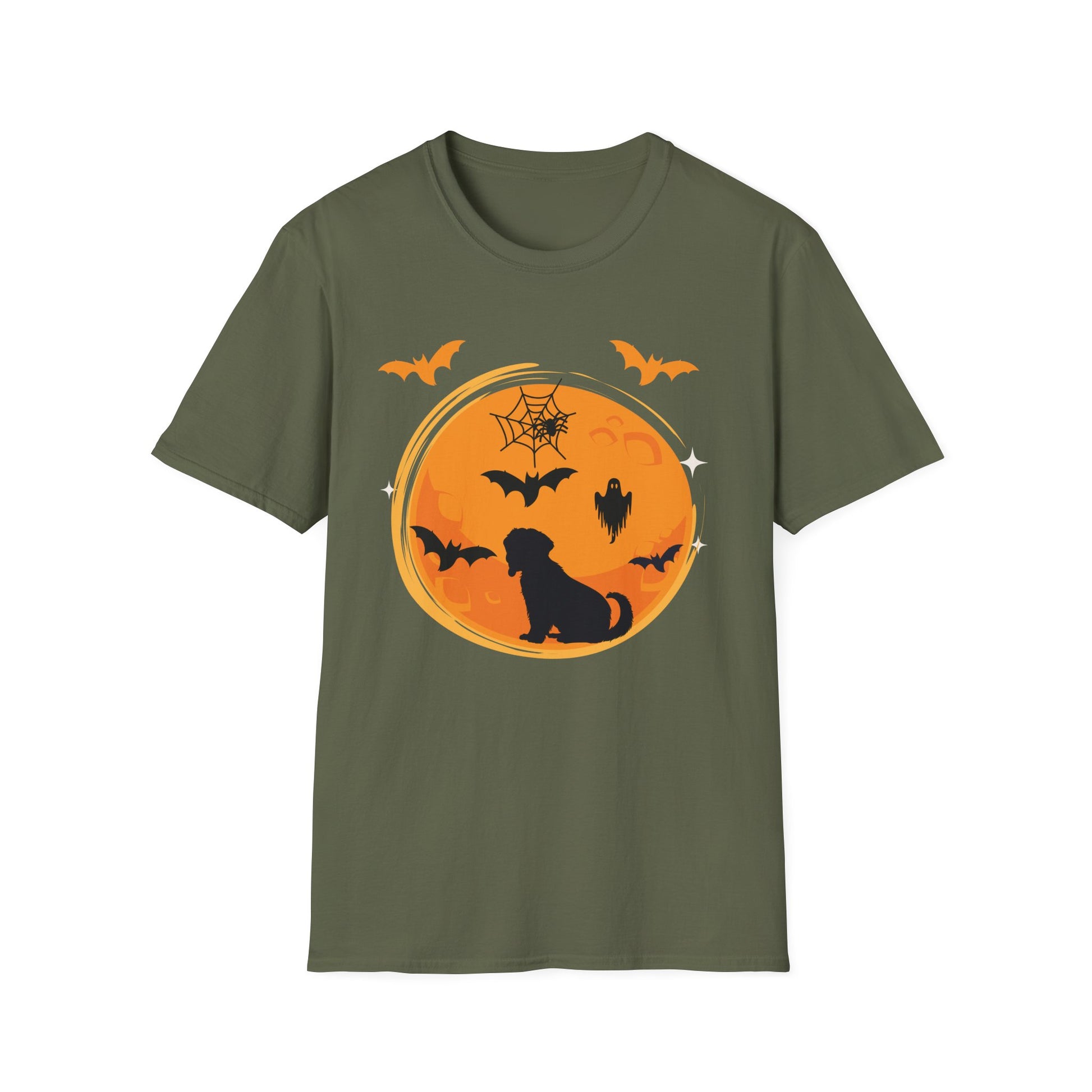 Halloween Dog T-Shirt — Black Moon, Bats & Spiderweb Graphic