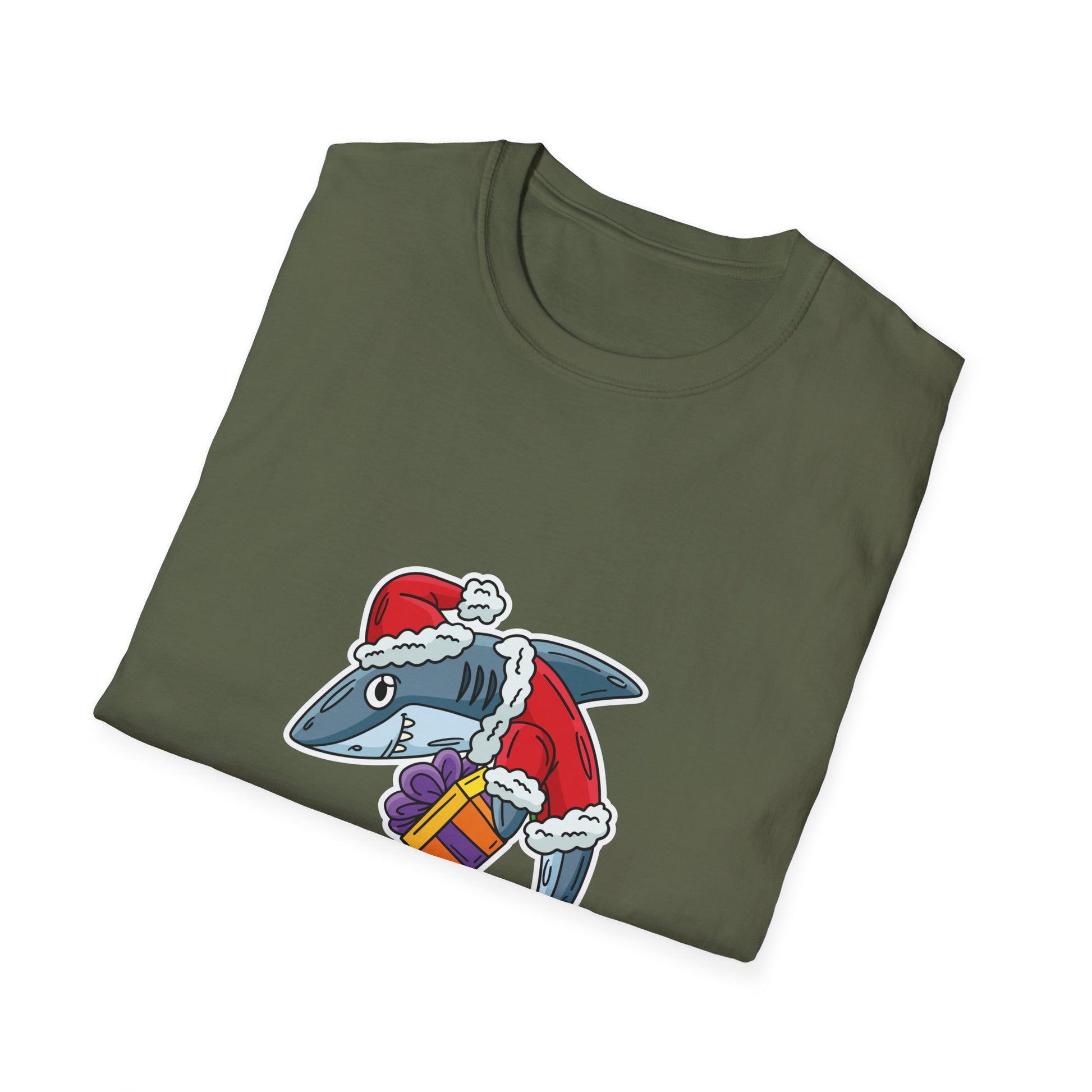 Christmas Shark Graphic T-Shirt — Santa Shark Holding Gifts Holiday Tee