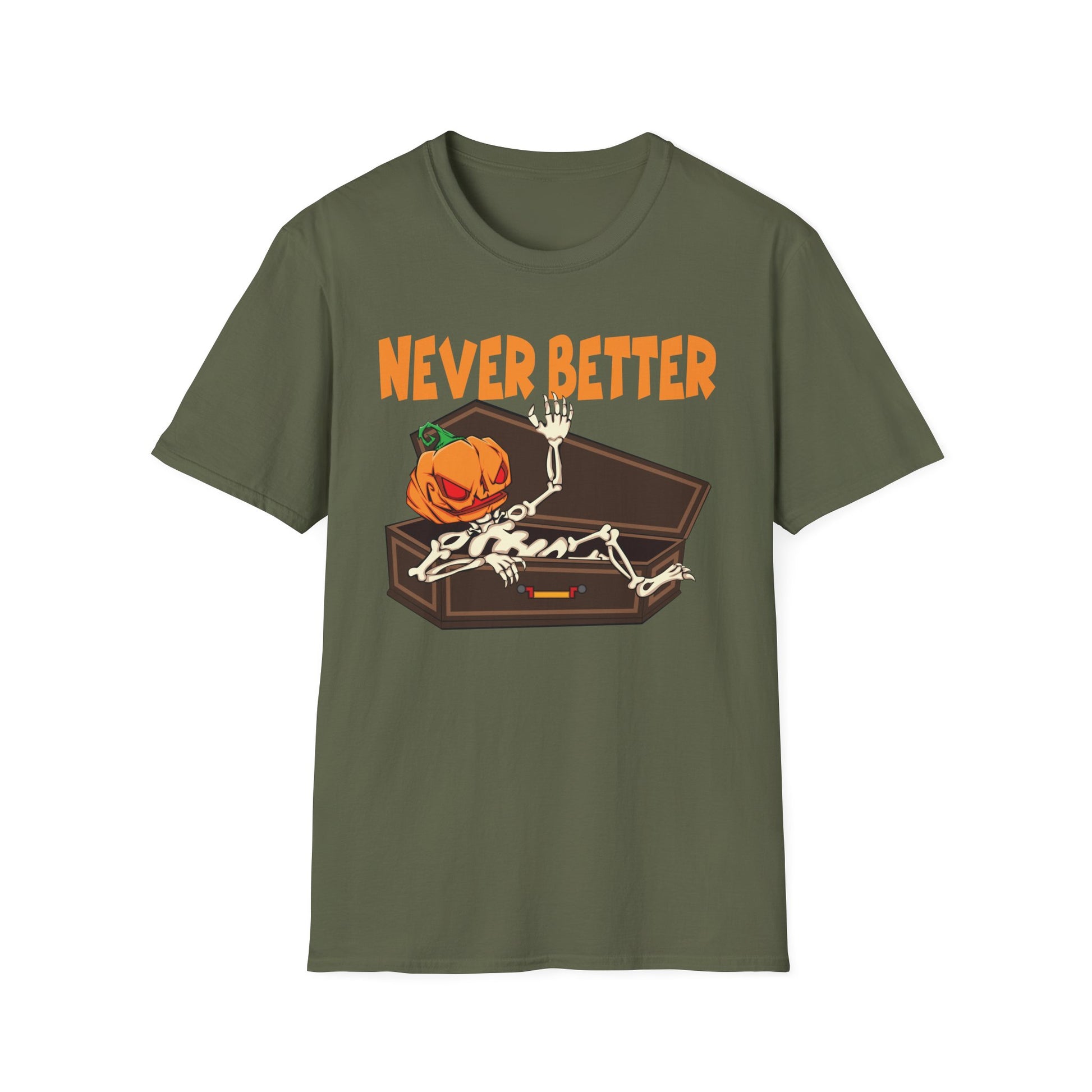 Never Better Halloween T-Shirt — Pumpkin Skeleton Coffin Graphic Tee