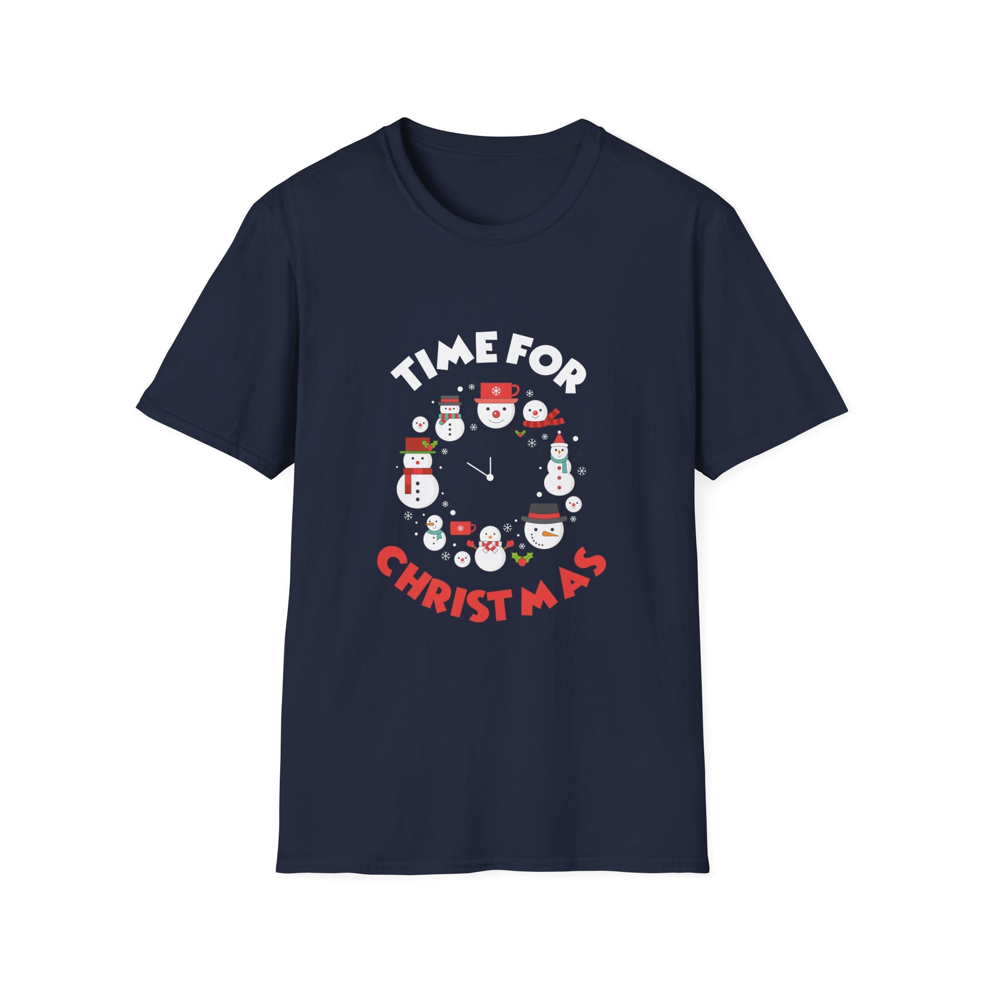 Christmas T-Shirt — "Time for Christmas" Snowman Clock Holiday Tee