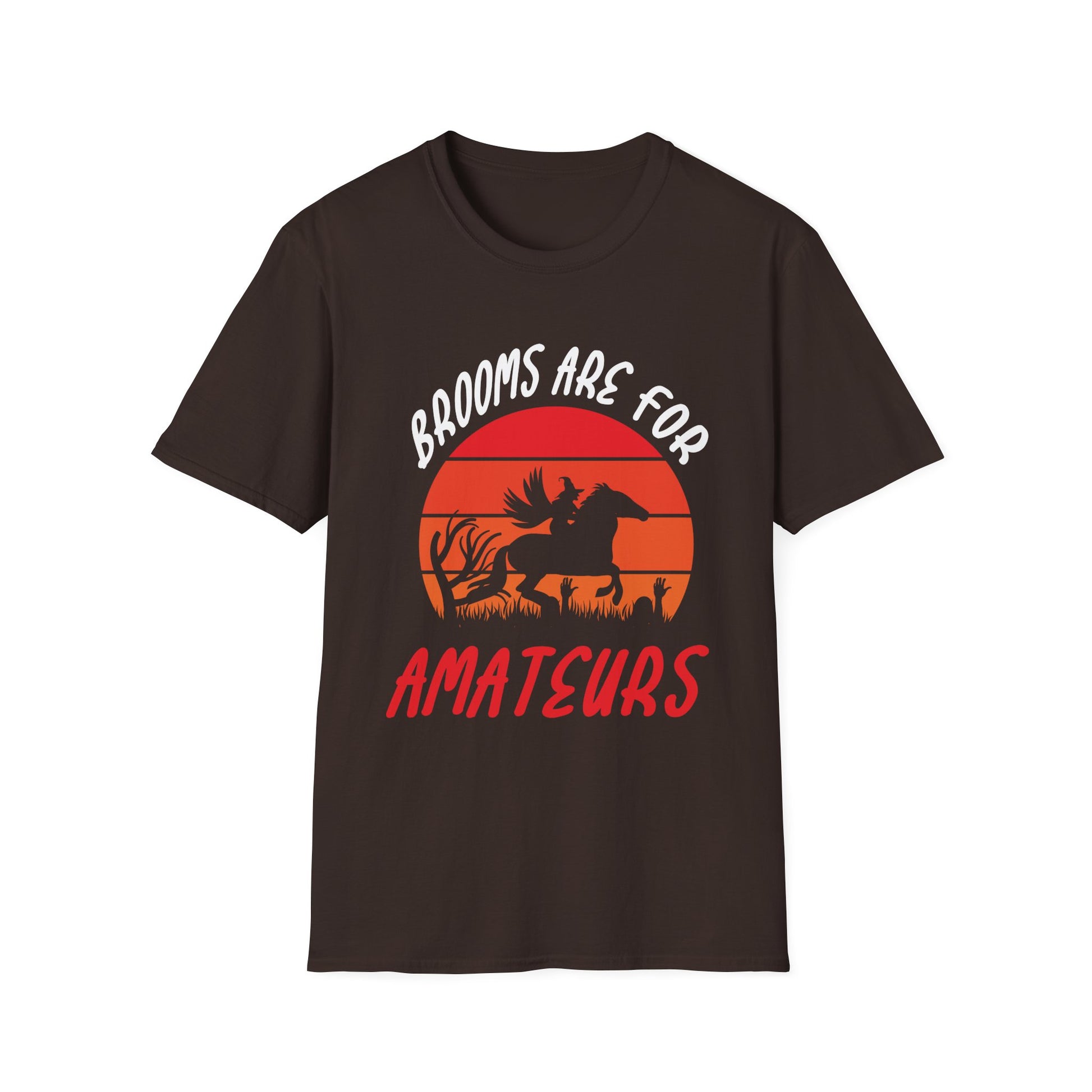 Witch Riding Horse T-Shirt – “Brooms Are For Amateurs” Retro Sunset Halloween Tee