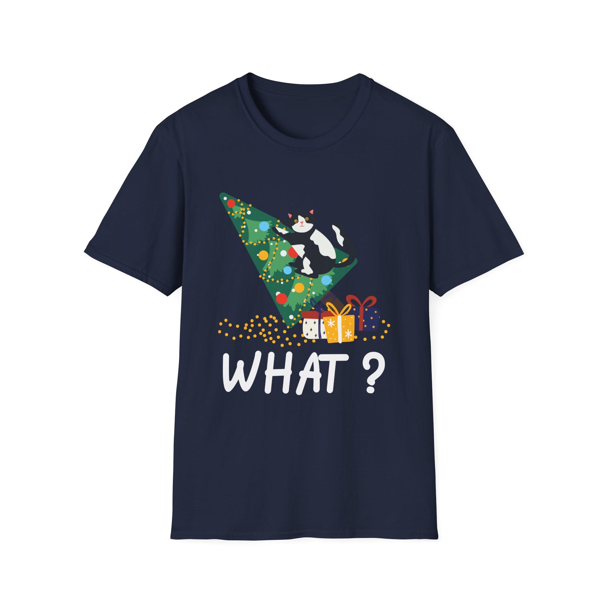 Christmas Cat T‑Shirt — 'WHAT?' Funny Holiday Cat Knocked Over Tree Tee