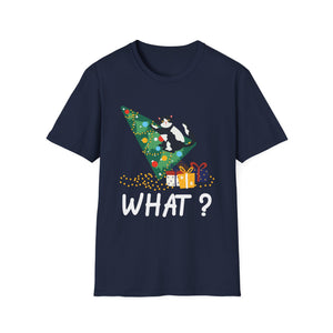 Christmas Cat T‑Shirt — 'WHAT?' Funny Holiday Cat Knocked Over Tree Tee