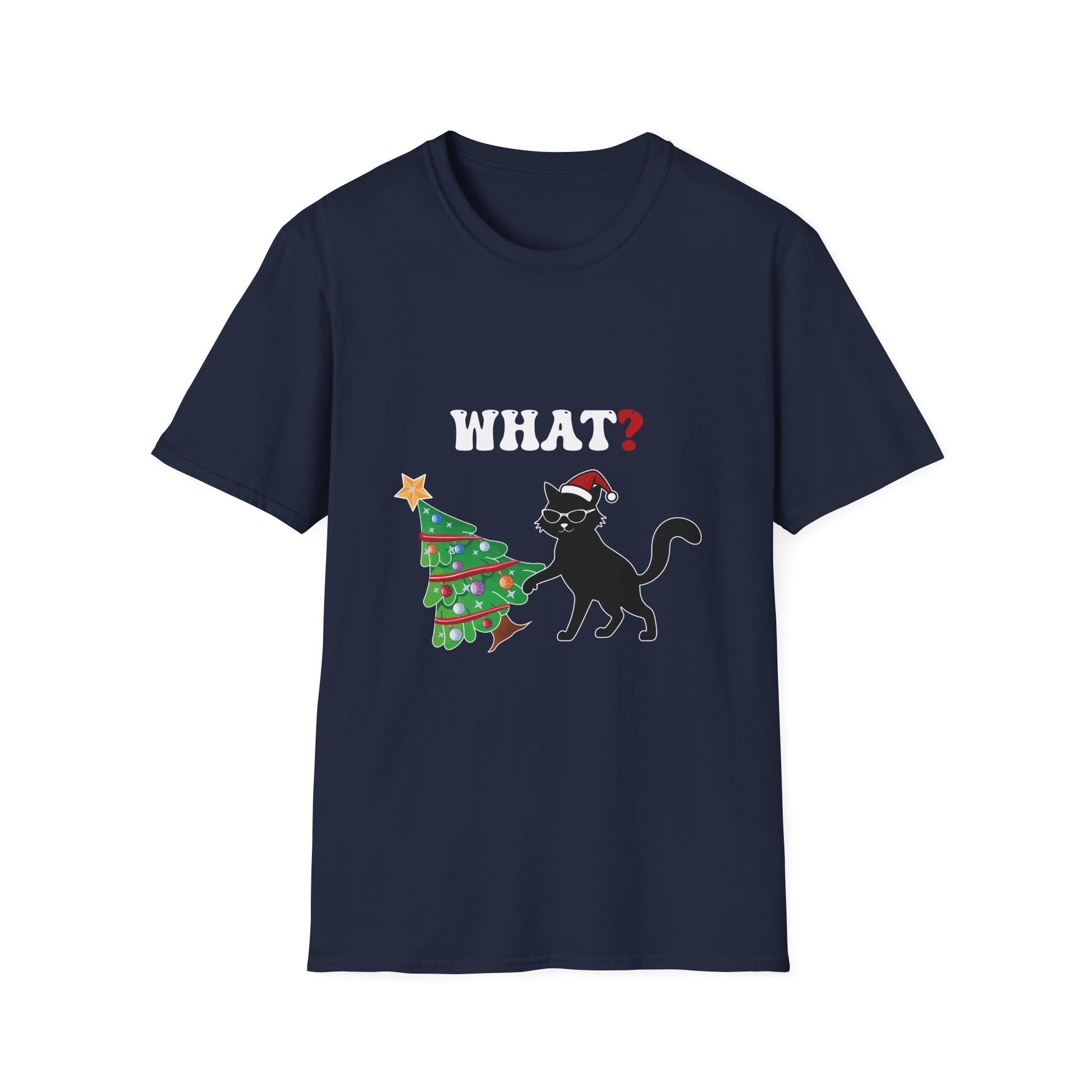 Funny Black Cat Gift Pushing Christmas Tree Over Cat What Unisex Softstyle T-Shirt