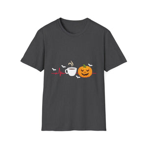 Halloween Coffee T-Shirt — Pumpkin, Bat & Heartbeat Graphic Tee