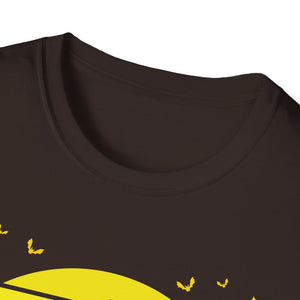Halloween Sunset Haunted House T-Shirt — Spooky Castle & Bats Tee