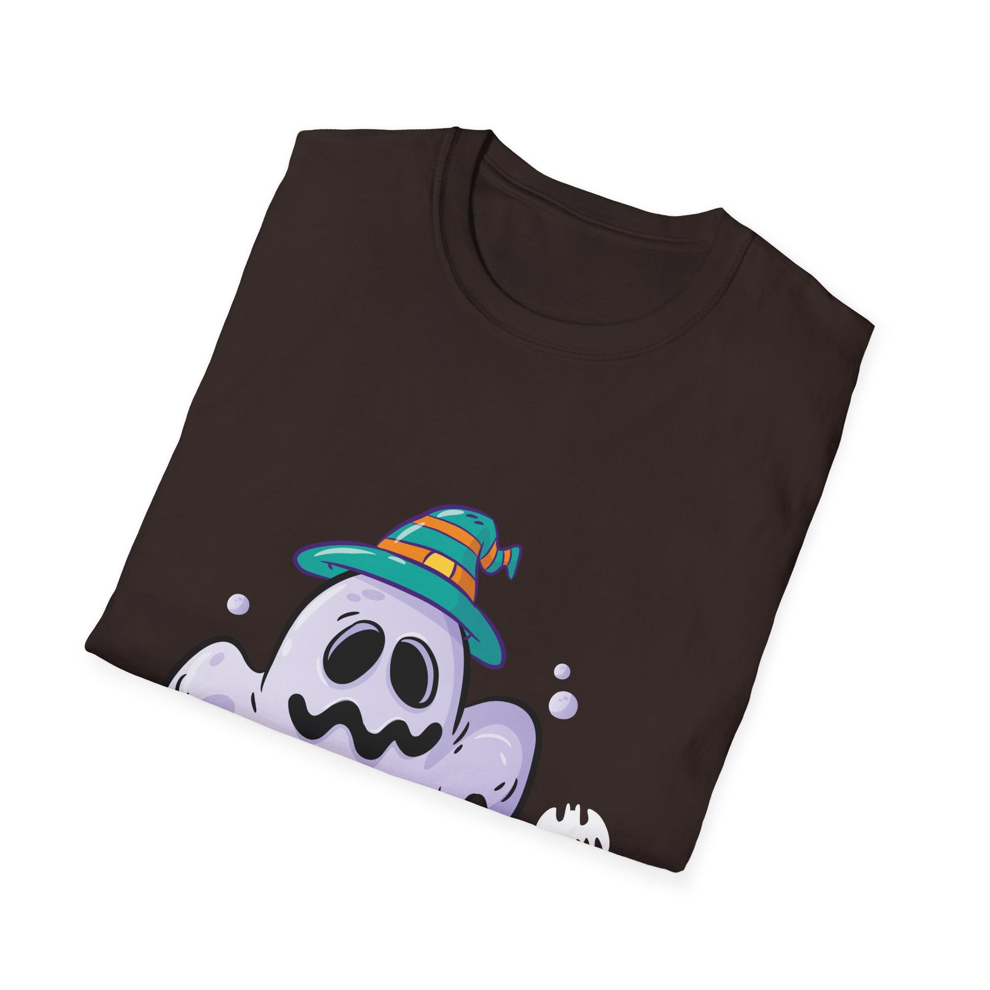 Cute Ghost Halloween T-Shirt – Whimsical Ghost with Striped Witch Hat