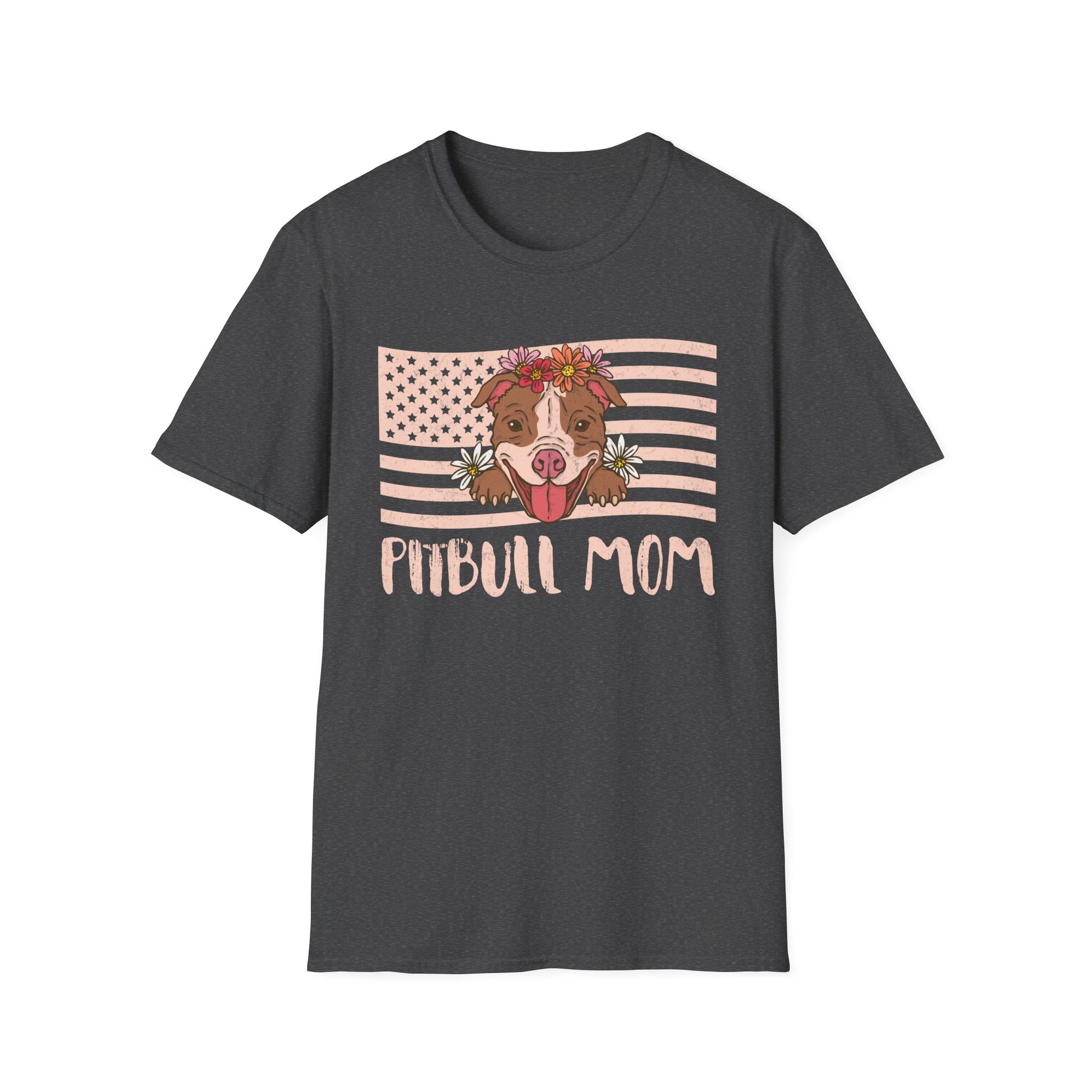 Pitbull Mom T-Shirt – Floral Pitbull with American Flag