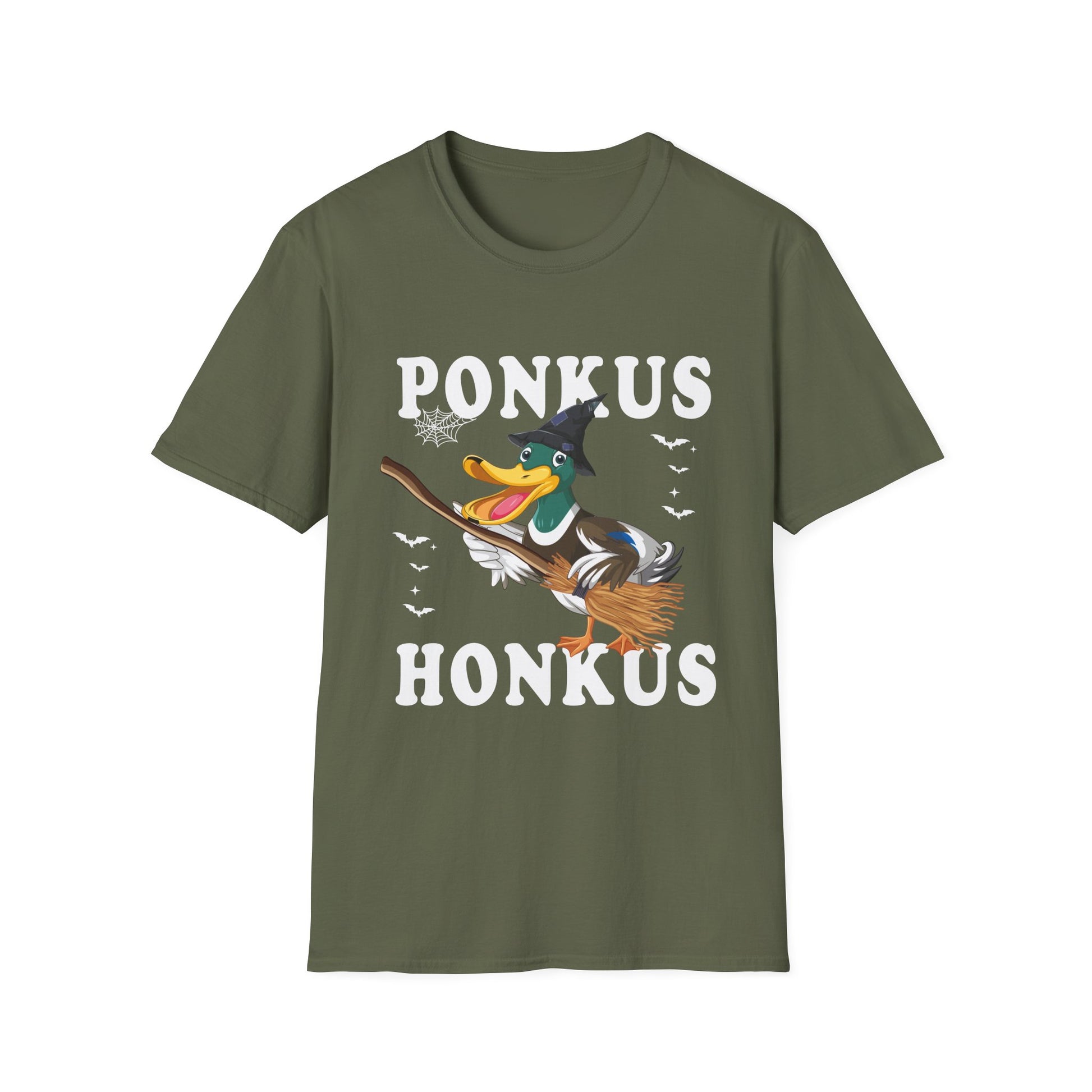 Ponkus Honkus Duck Witch T‑Shirt — Funny Halloween Broomstick Duck Tee
