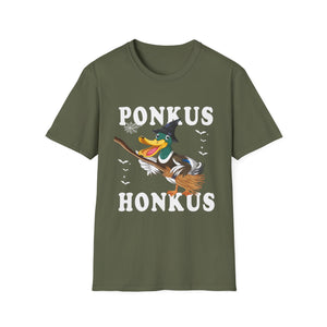 Ponkus Honkus Duck Witch T‑Shirt — Funny Halloween Broomstick Duck Tee