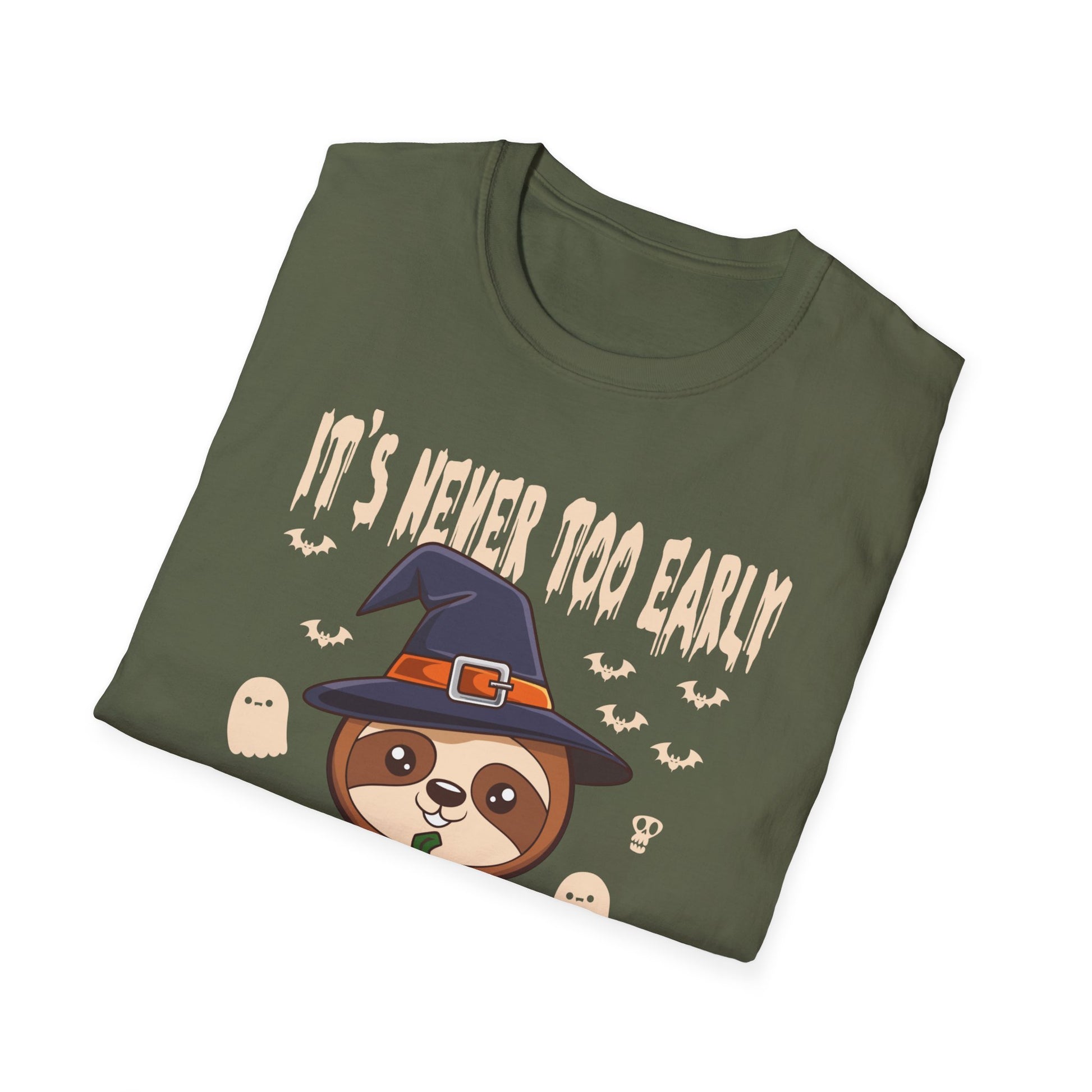 Halloween Sloth T-Shirt — "It's Never Too Early For Halloween" Cute Witch Sloth Pumpkin Tee