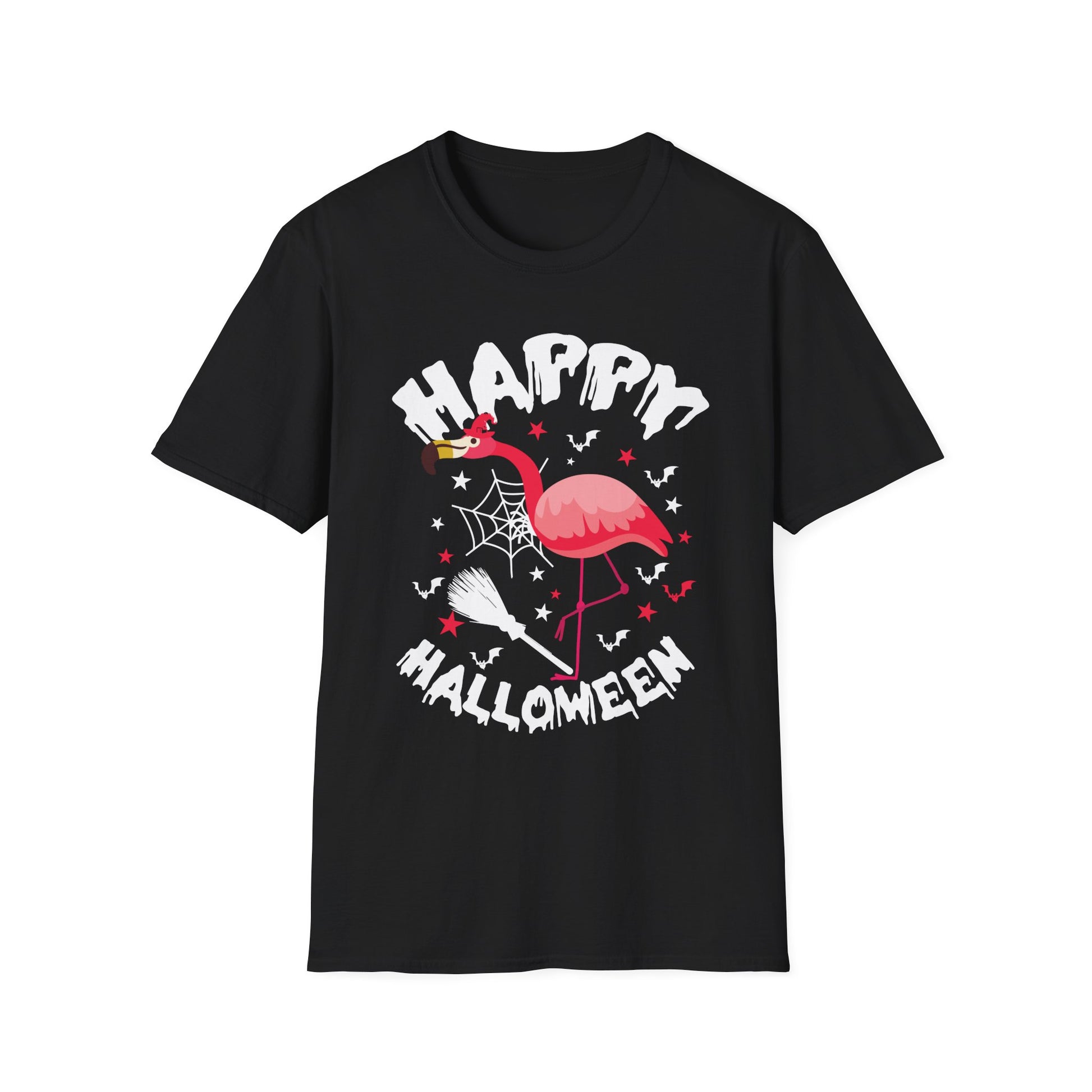 Happy Halloween Flamingo T-Shirt – Cute Spooky Pink Flamingo with Spiderweb & Bats