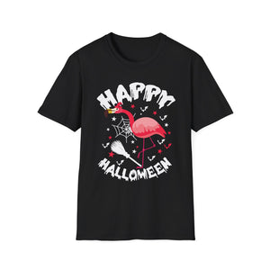 Happy Halloween Flamingo T-Shirt – Cute Spooky Pink Flamingo with Spiderweb & Bats