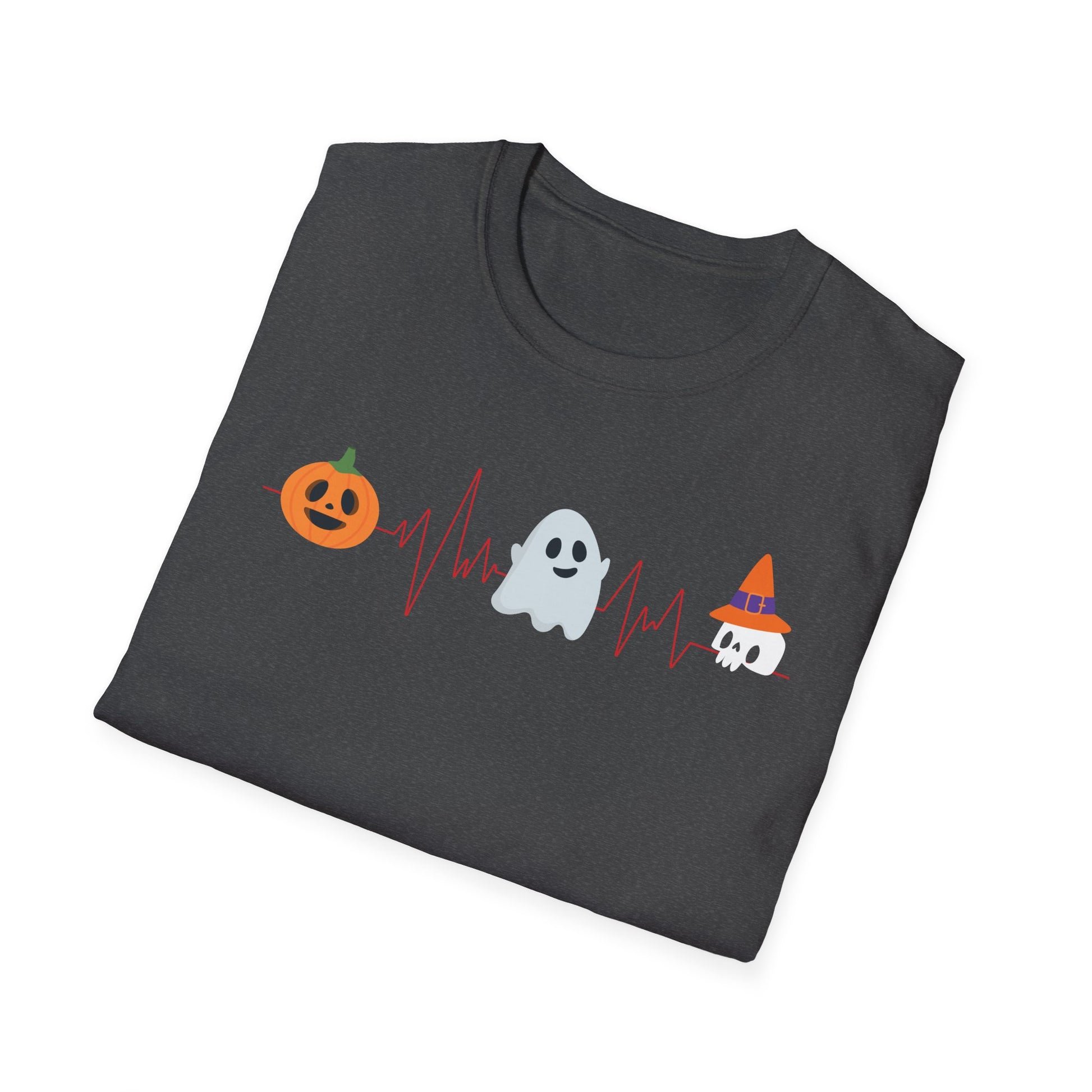 Halloween Heartbeat T-Shirt — Pumpkin, Ghost & Candy Skull Graphic Tee
