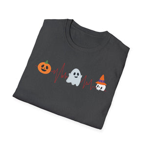 Halloween Heartbeat T-Shirt — Pumpkin, Ghost & Candy Skull Graphic Tee