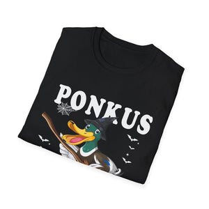 Ponkus Honkus Duck Witch T‑Shirt — Funny Halloween Broomstick Duck Tee