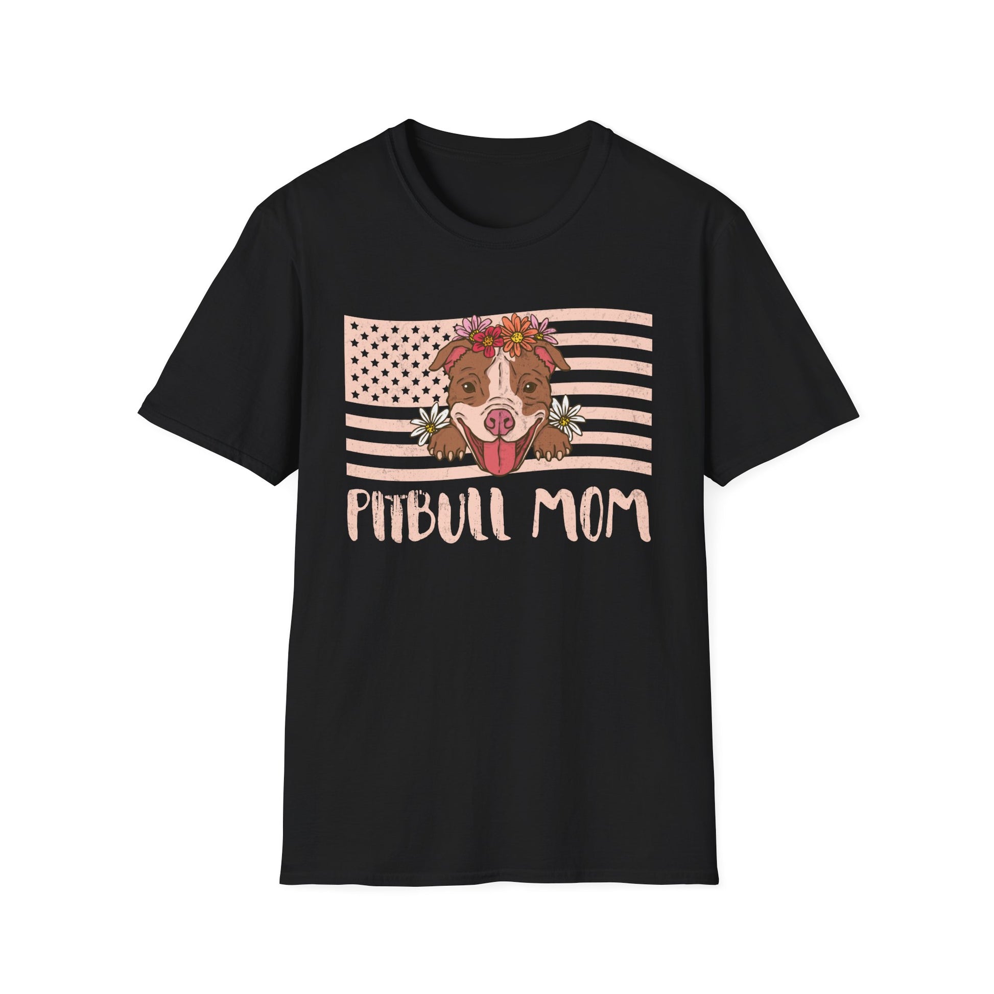 Pitbull Mom T-Shirt – Floral Pitbull with American Flag