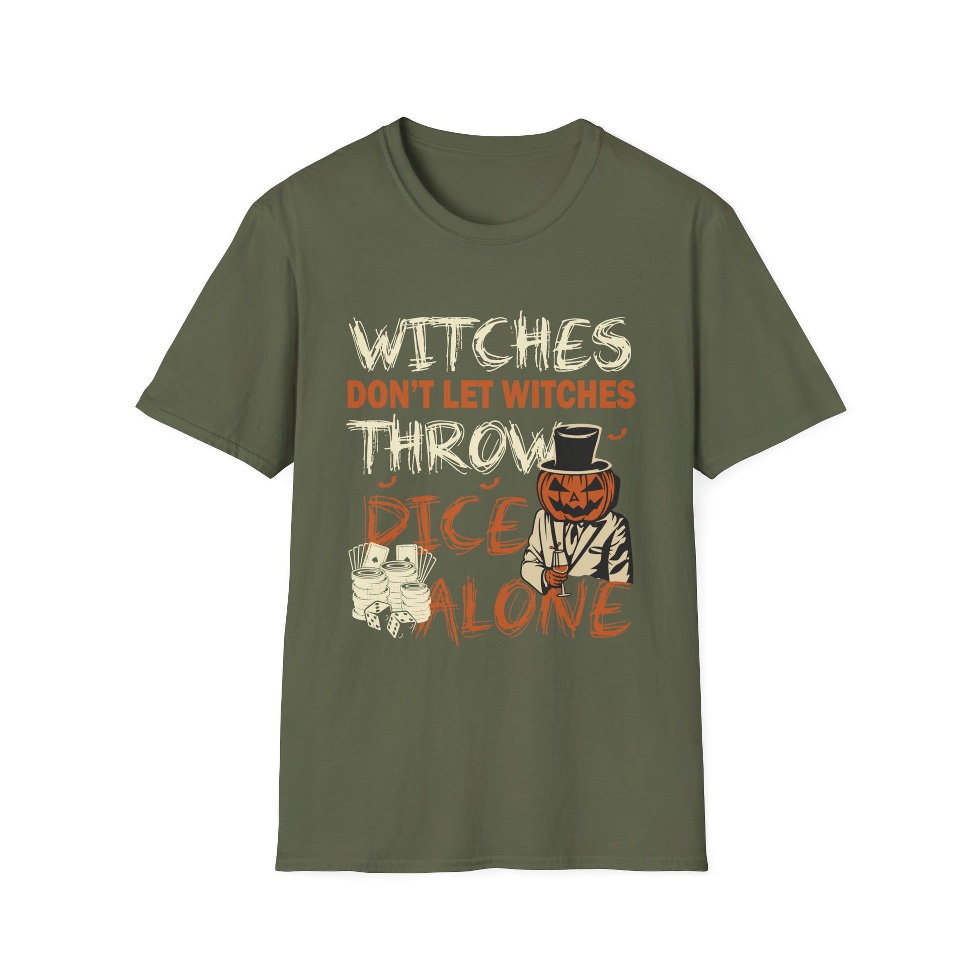 Halloween Dice Shirt — “Witches Don’t Let Witches Throw Dice Alone” Graphic Tee
