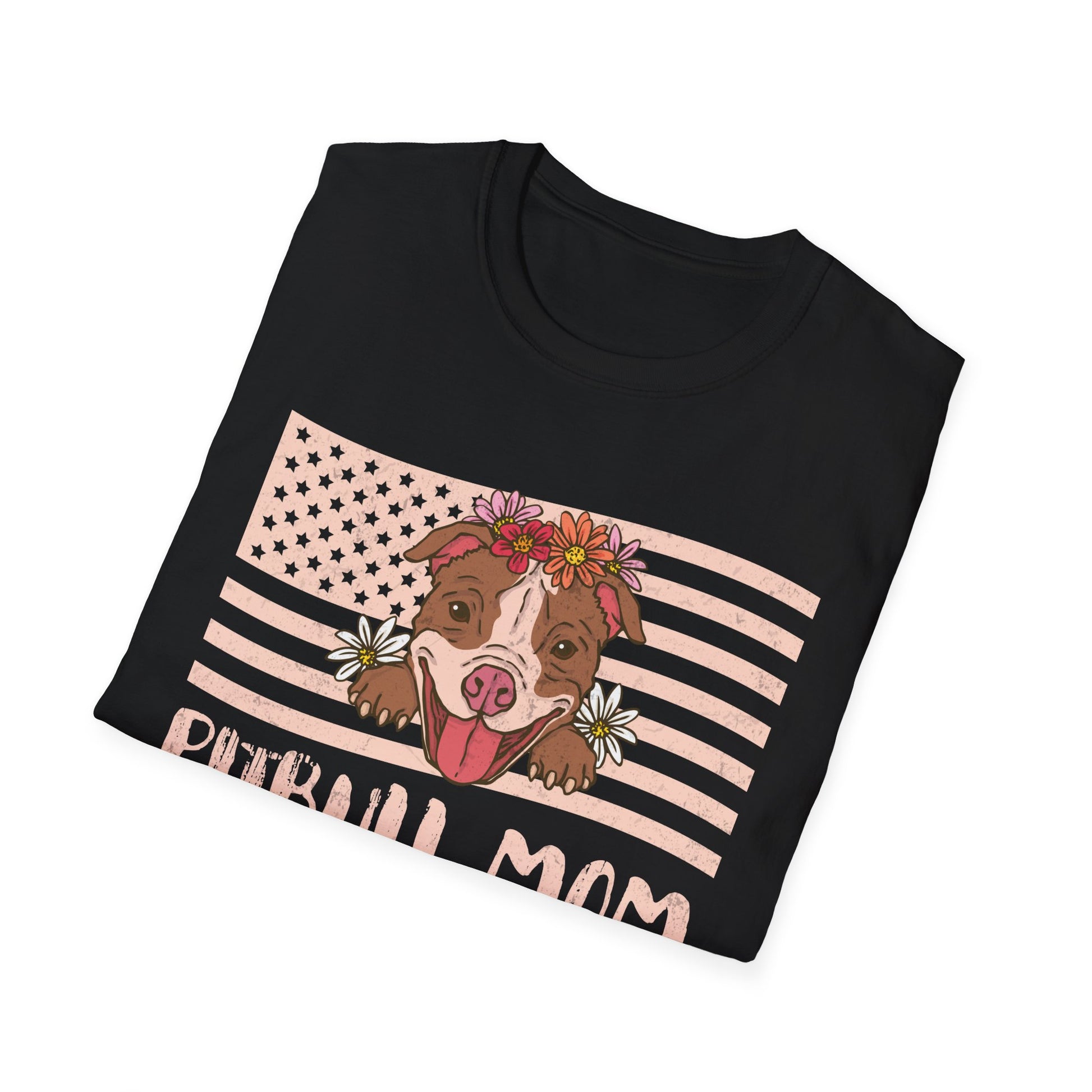 Pitbull Mom T-Shirt – Floral Pitbull with American Flag