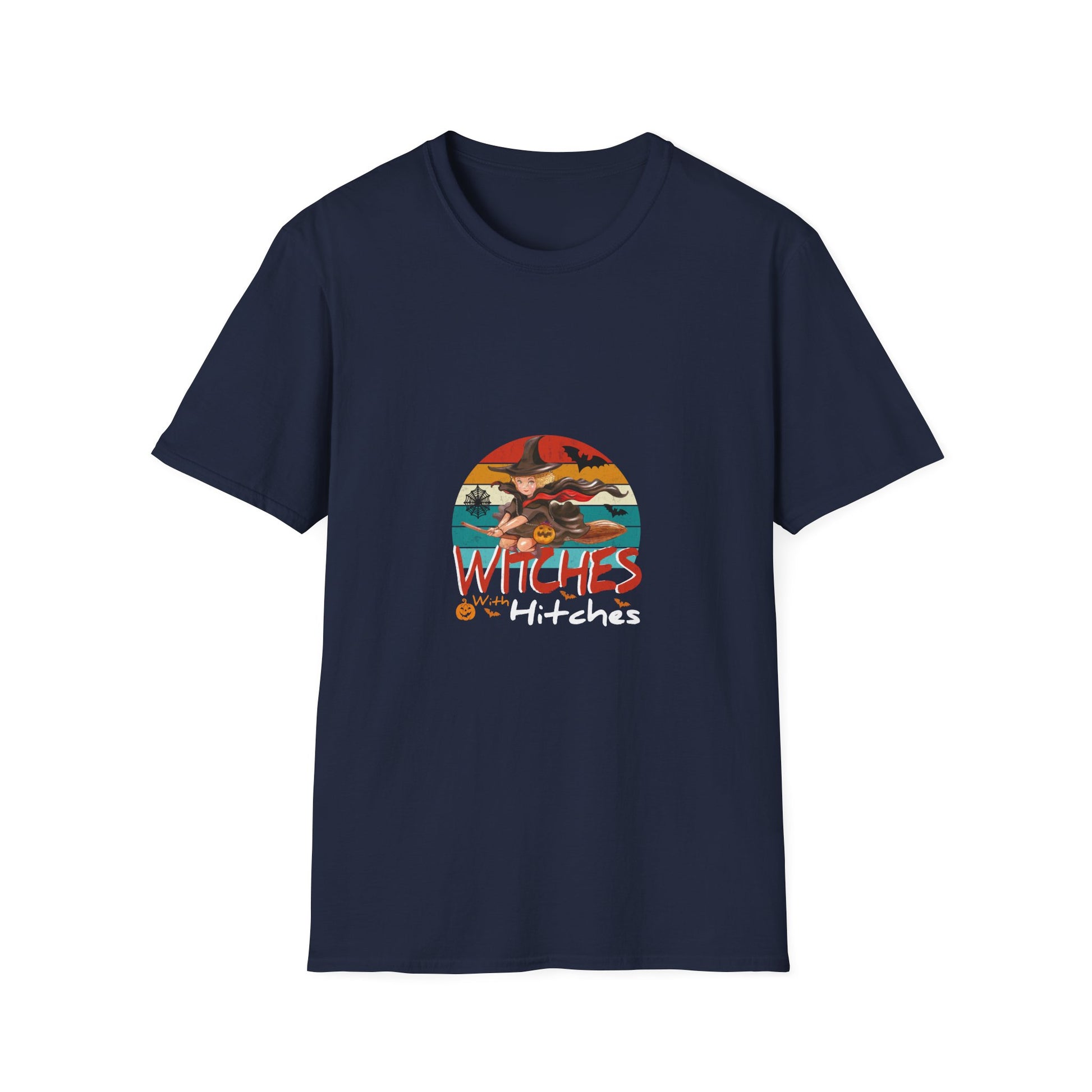 Witches With Hitches Halloween T-Shirt — Retro Witch on Broom Graphic