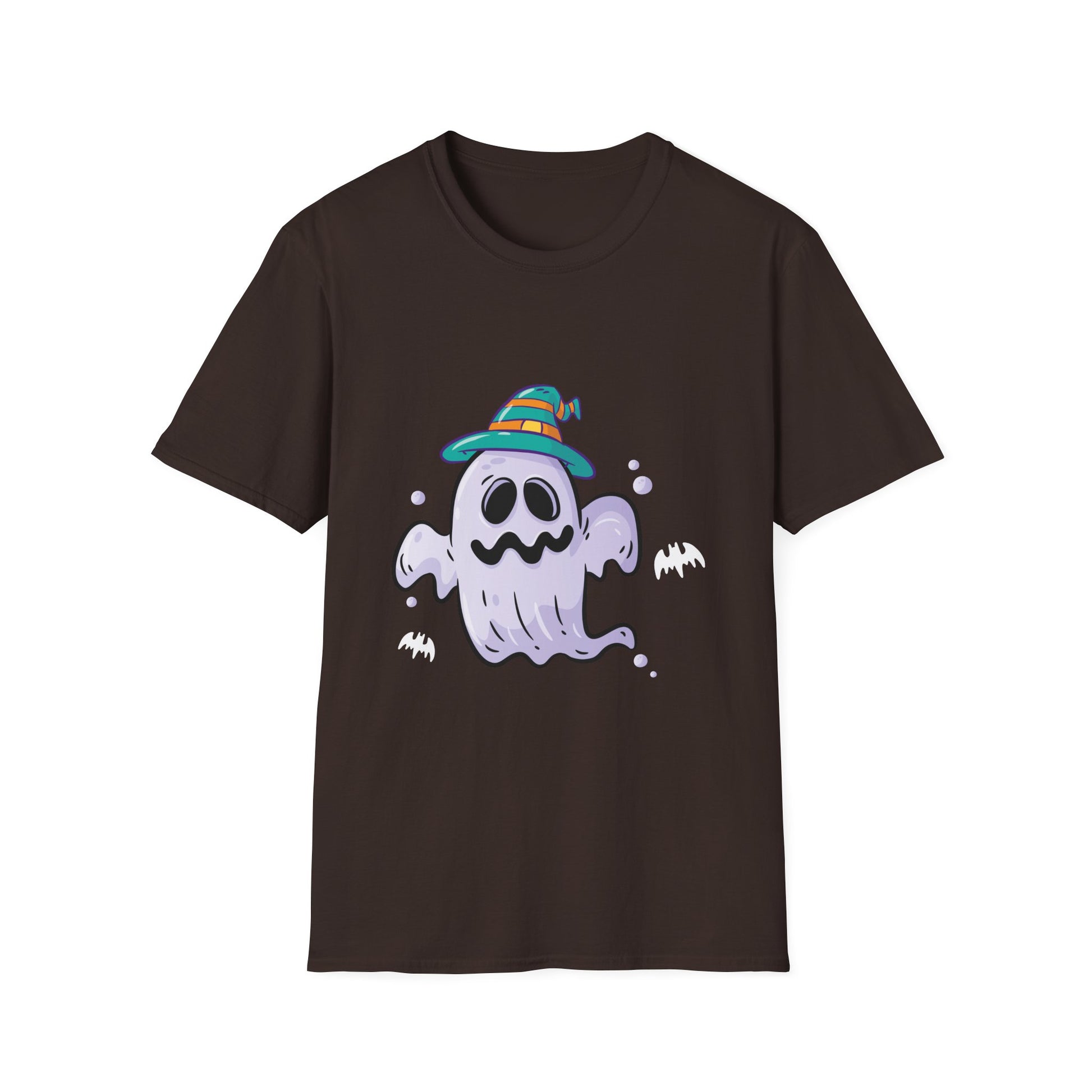 Cute Ghost Halloween T-Shirt – Whimsical Ghost with Striped Witch Hat