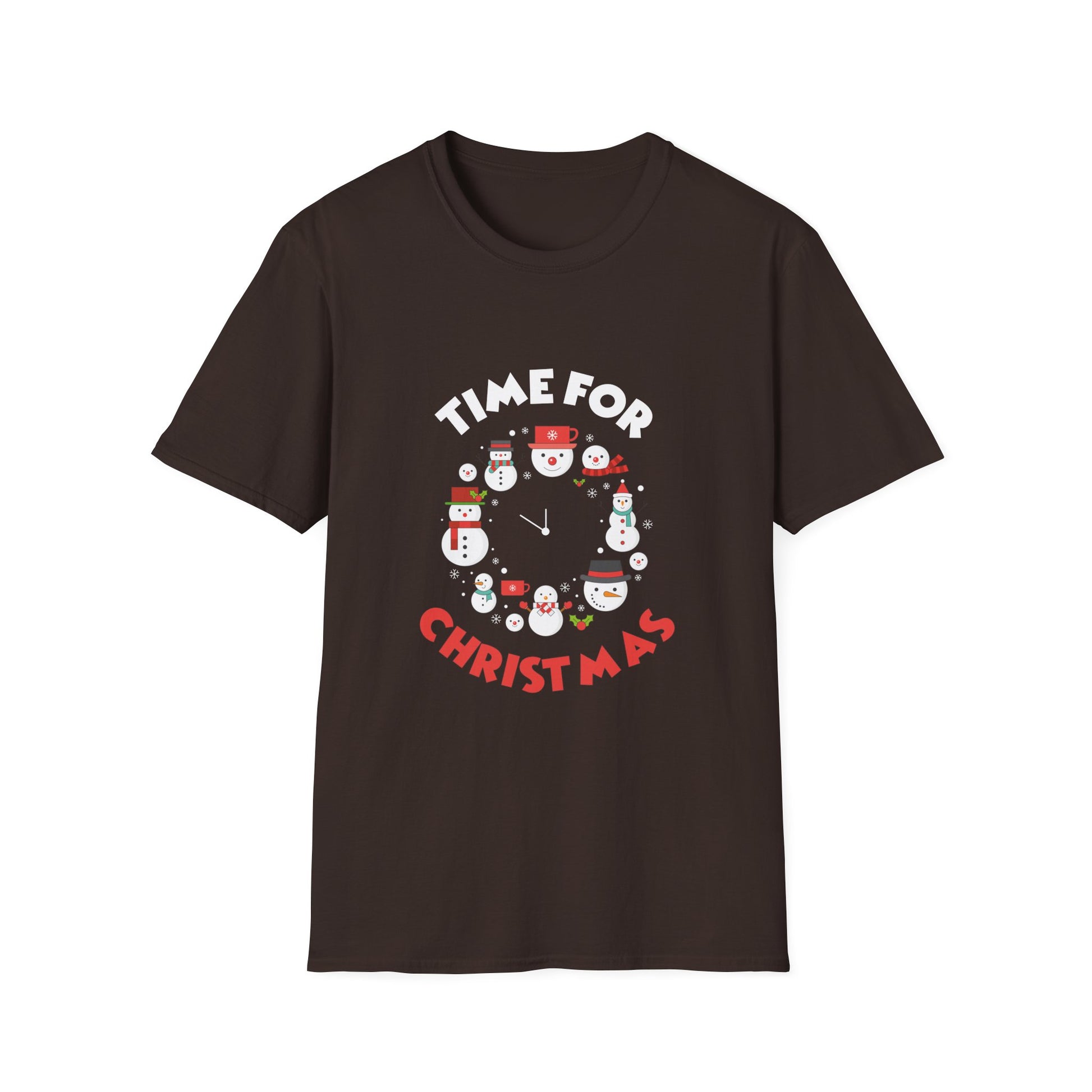 Christmas T-Shirt — "Time for Christmas" Snowman Clock Holiday Tee