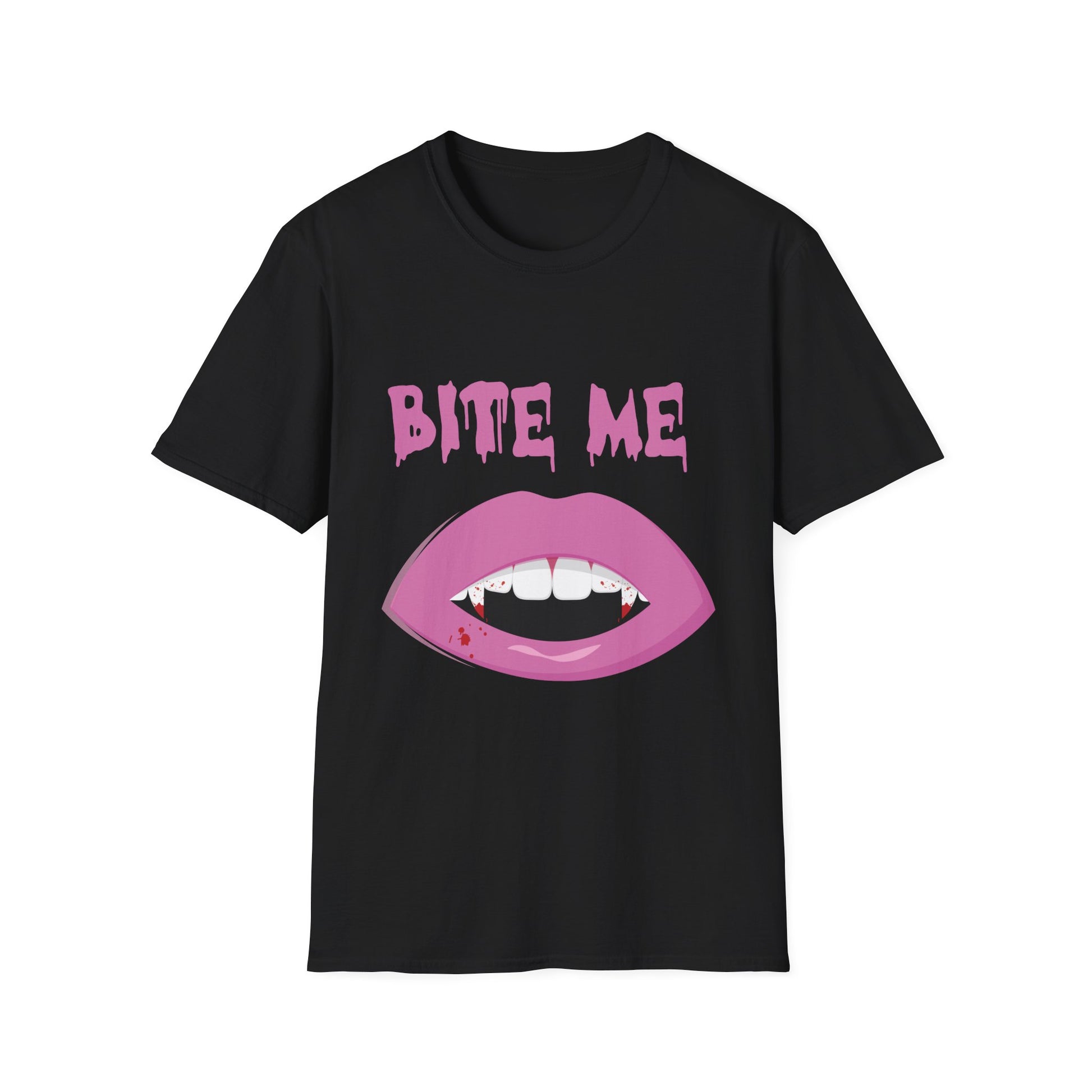 Bite Me Vampire Tee — Pink Fanged Lips Halloween T-Shirt