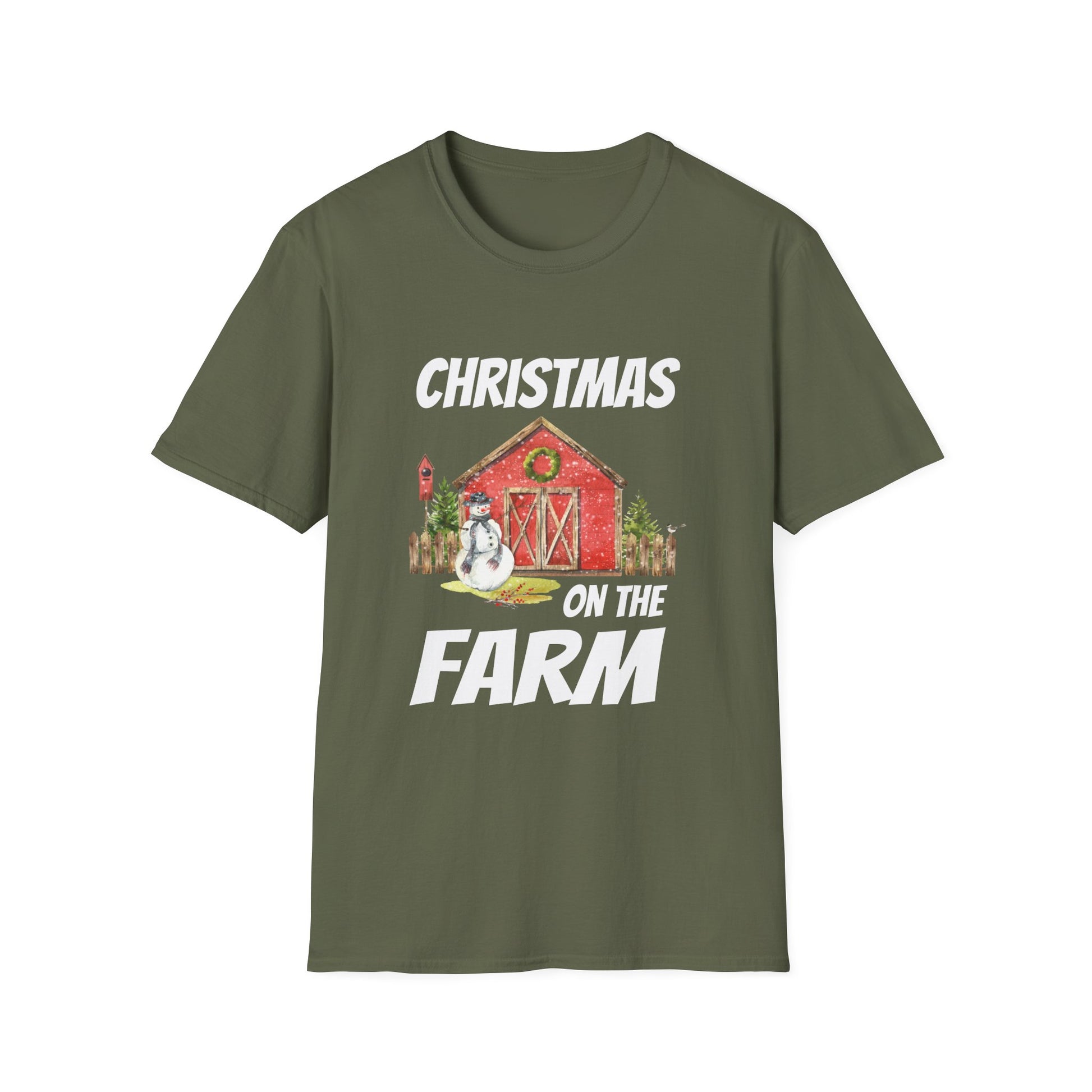 Christmas on the Farm T-Shirt — Holiday Barn & Snowman Farmhouse Tee
