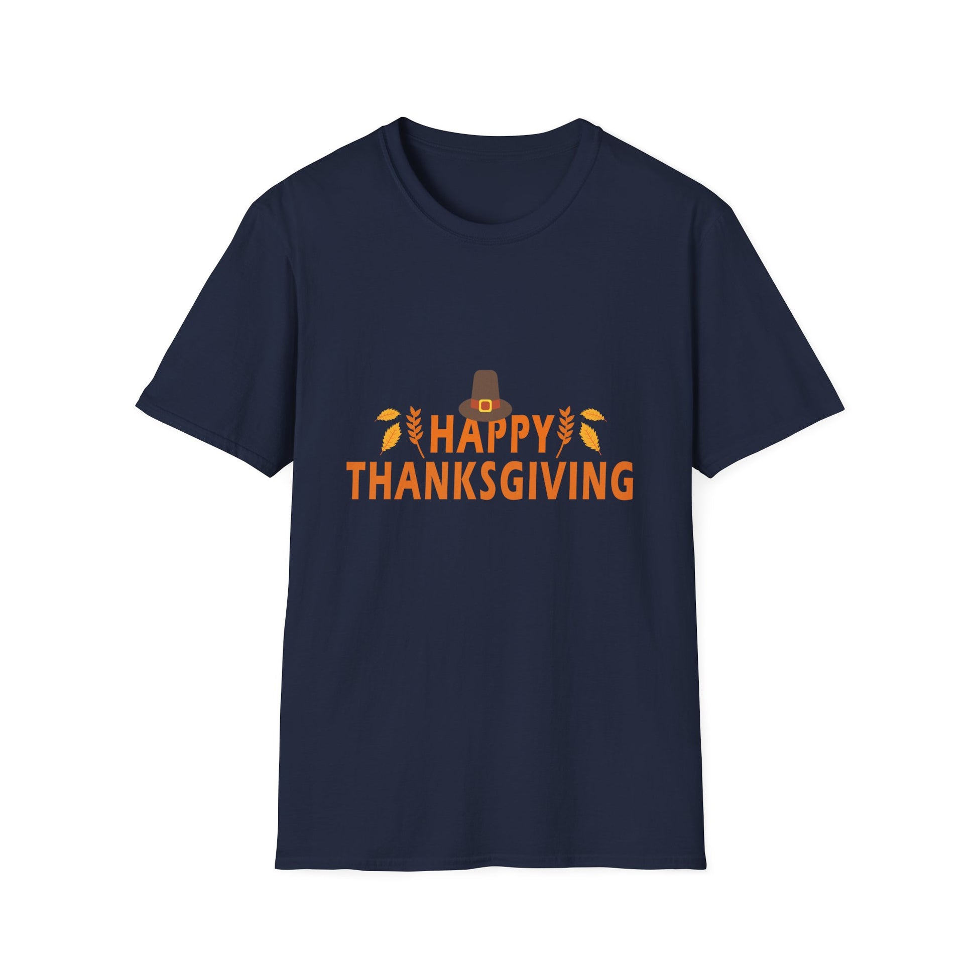 Thanksgiving T-Shirt — "Happy Thanksgiving" Pilgrim Hat & Leaves Holiday Tee
