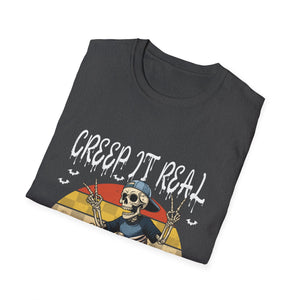 Creep It Real Skateboard Skeleton T-Shirt — Retro Halloween Skull Tee
