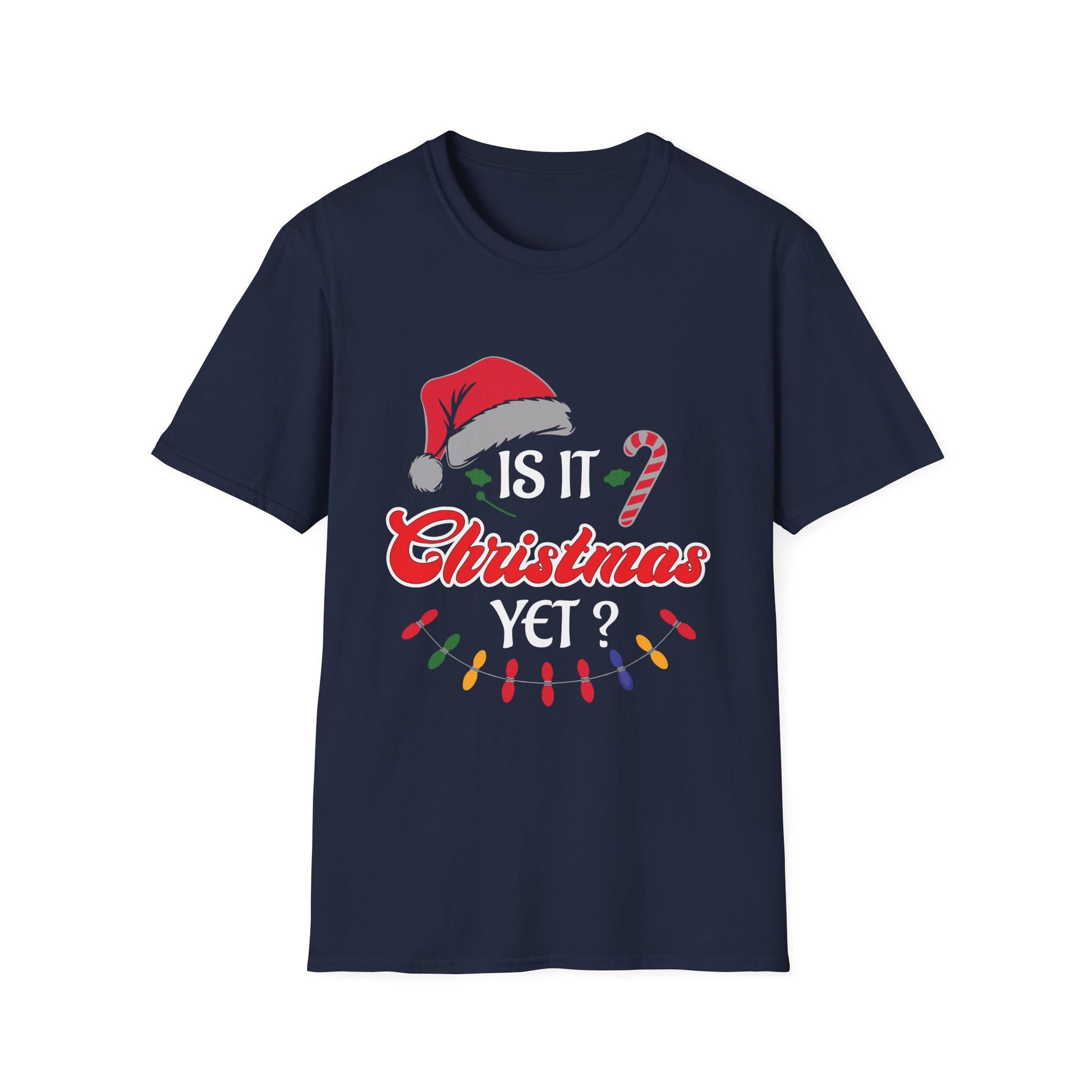 Christmas T-Shirt – "Is It Christmas Yet?" Holiday Tee with Santa Hat & Candy Cane