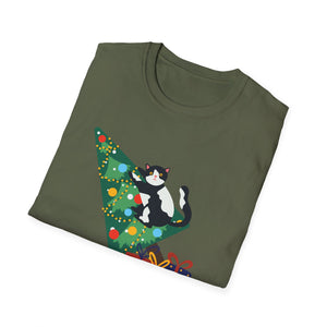 Christmas Cat T‑Shirt — 'WHAT?' Funny Holiday Cat Knocked Over Tree Tee