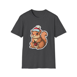 Cute Winter Squirrel T-Shirt — Cartoon Squirrel Wearing Knit Hat and Acorn