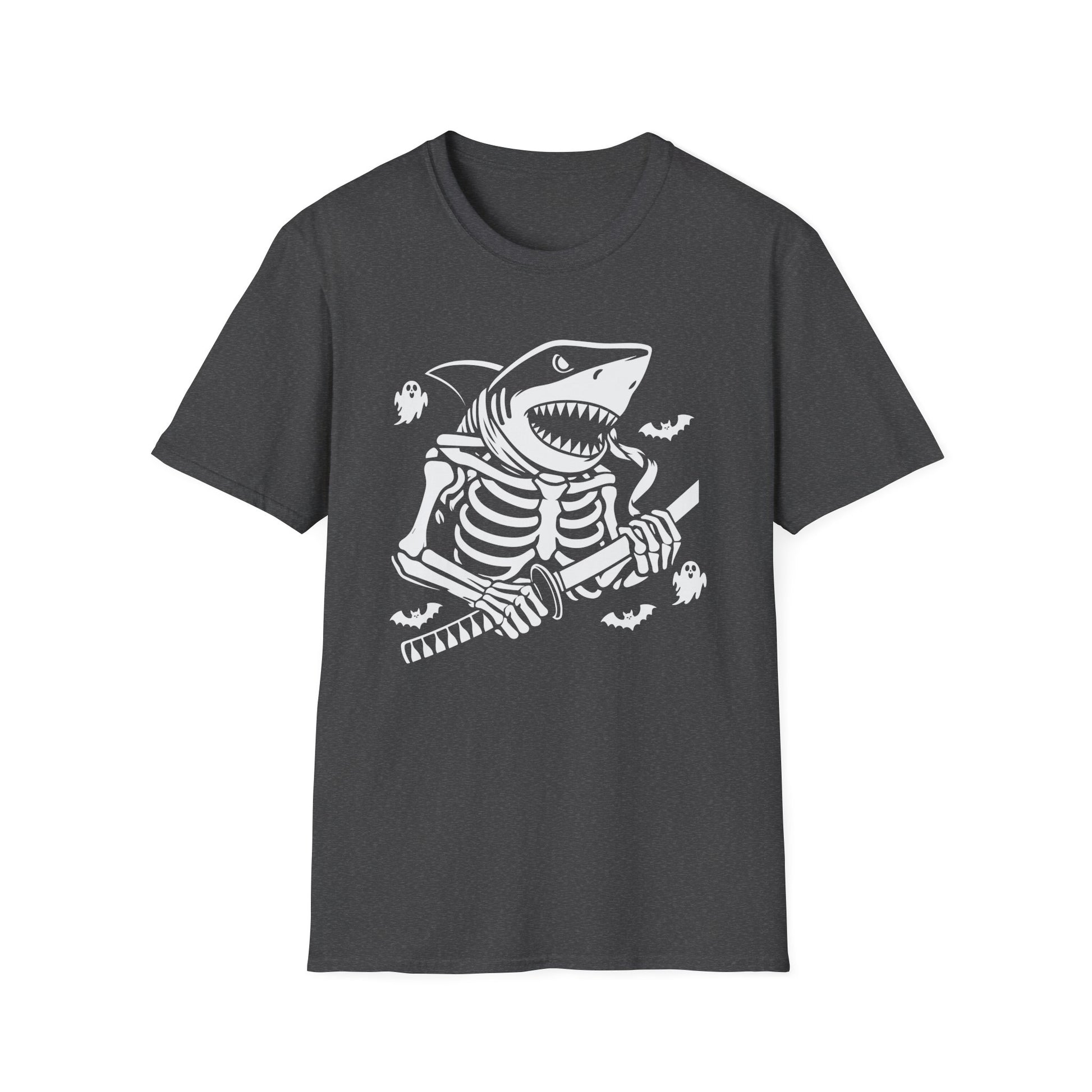 Shark Skeleton Samurai T-Shirt — Halloween Pirate Sword Graphic Tee