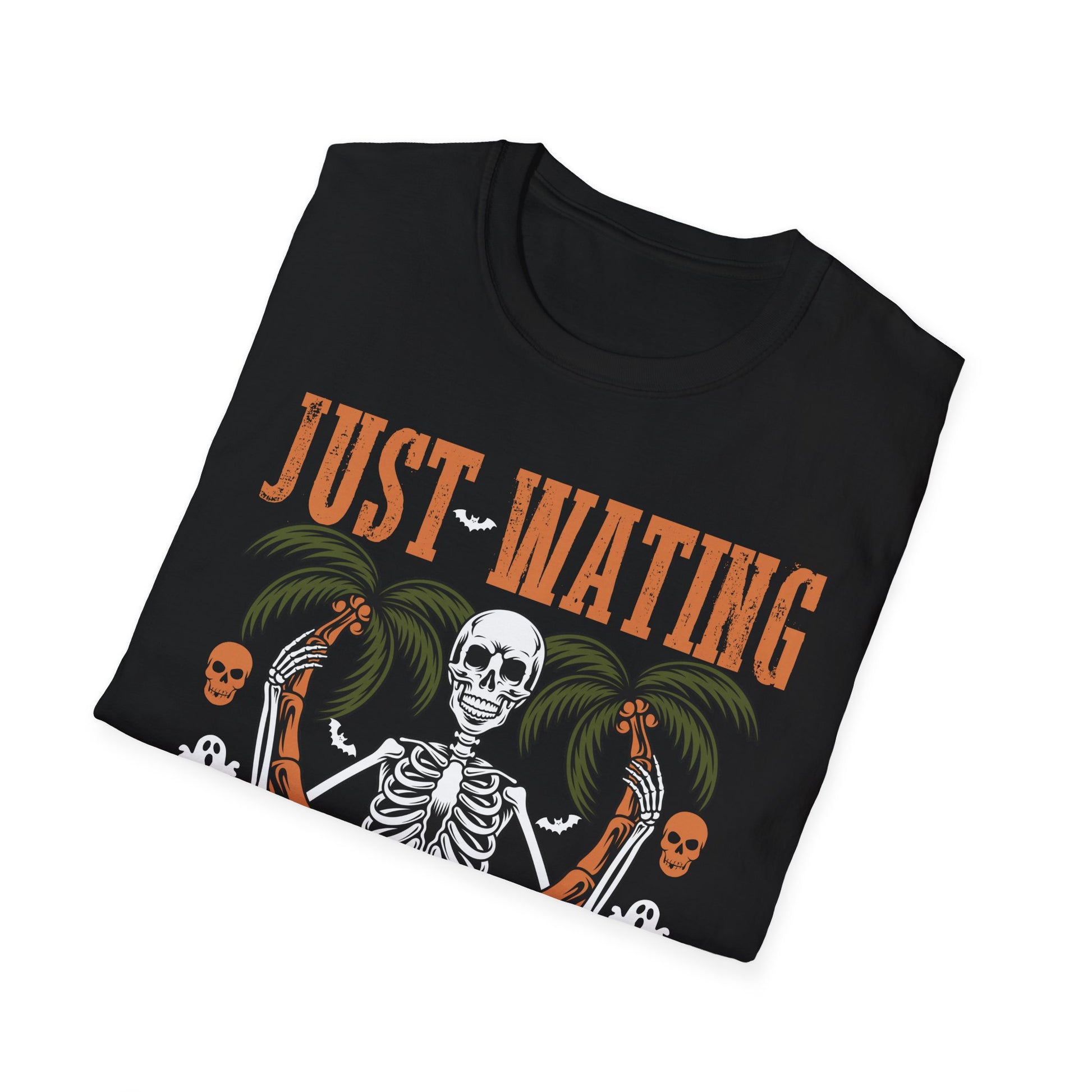 Halloween Skeleton Palm Tree T-Shirt — "Just Waiting Halloween" Graphic Tee