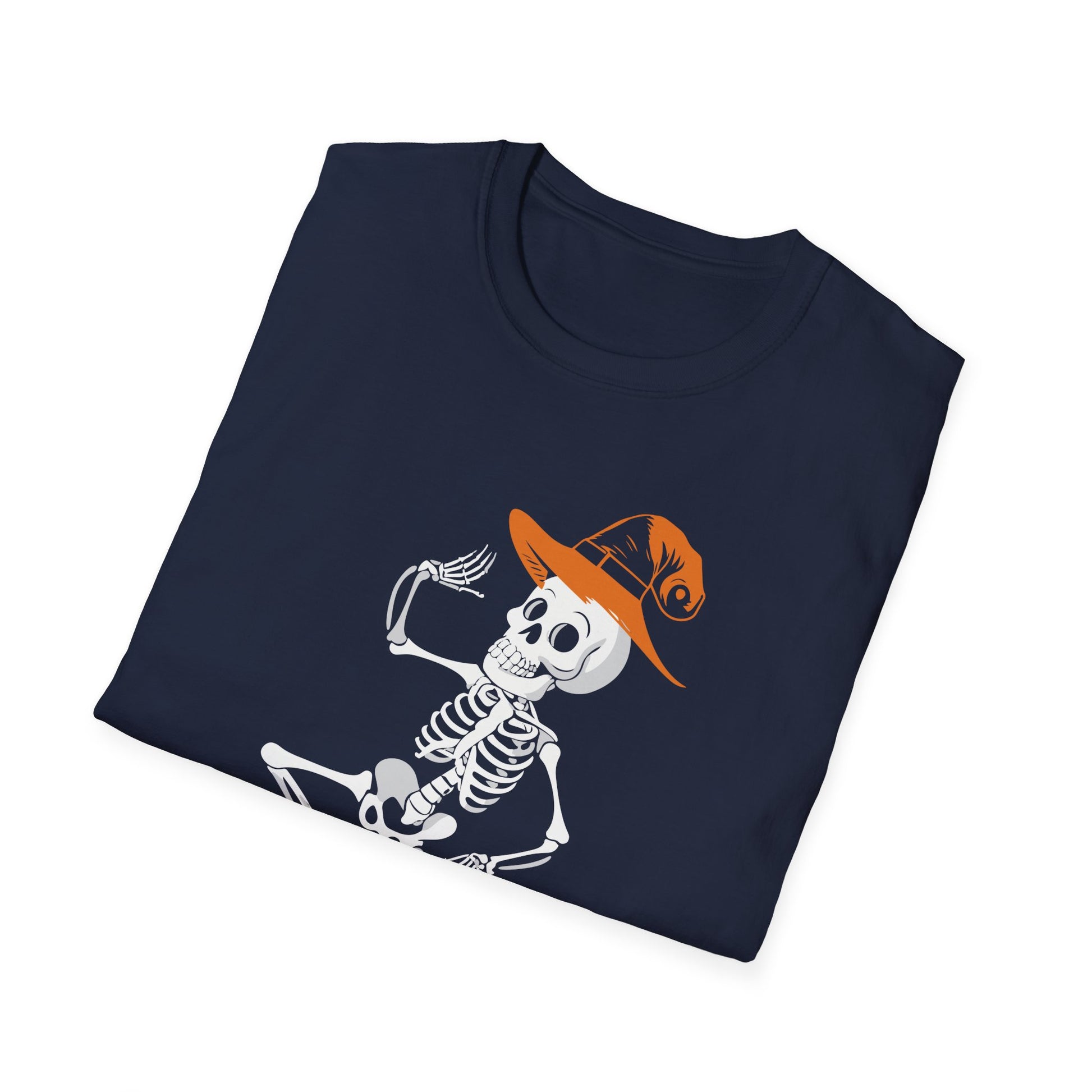 Dancing Skeleton Tee with Orange Witch Hat – Halloween Party T-Shirt