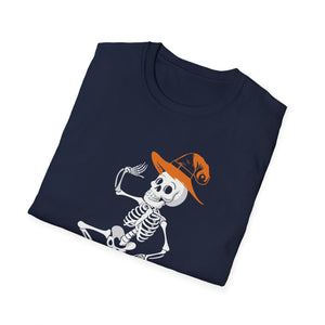 Dancing Skeleton Tee with Orange Witch Hat – Halloween Party T-Shirt