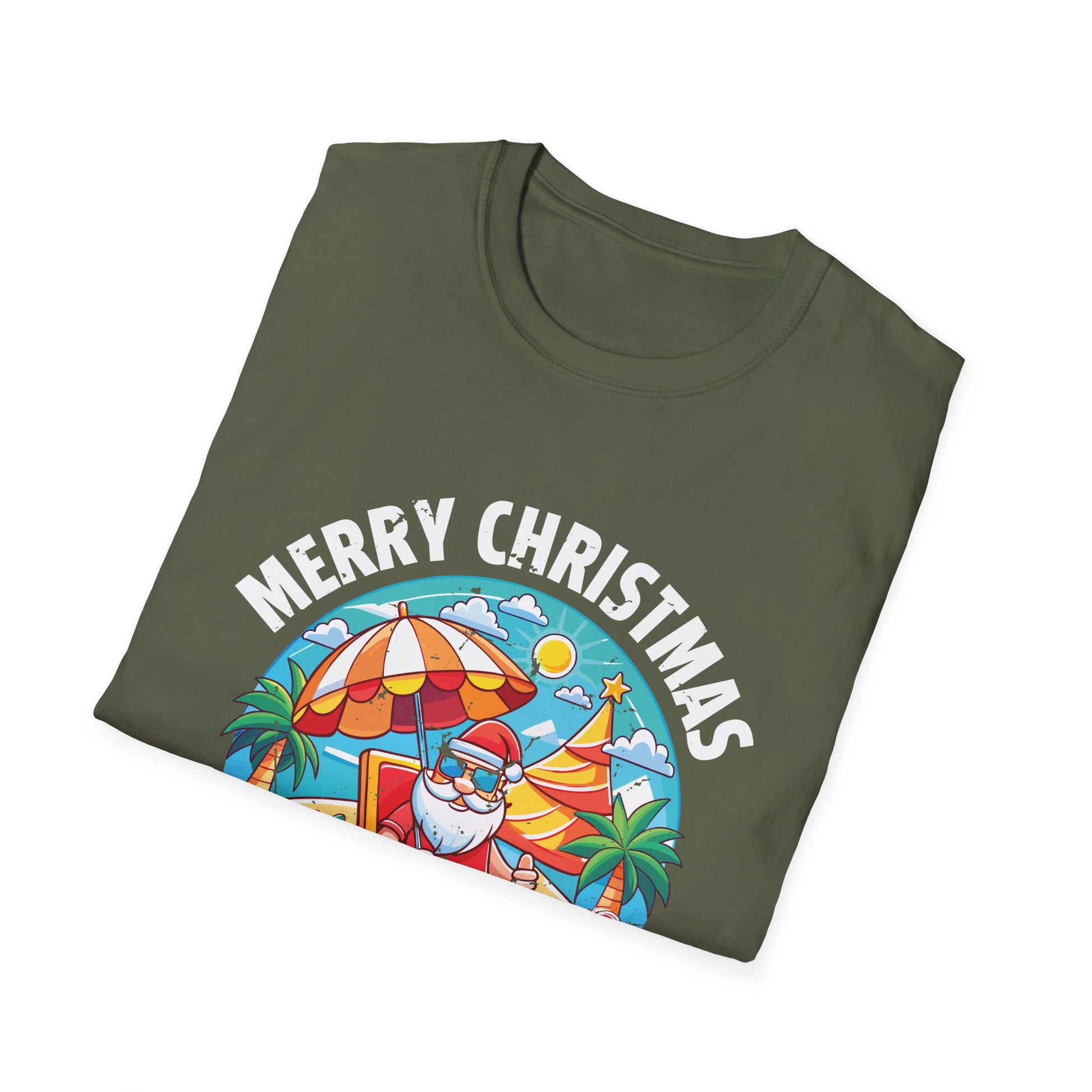Merry Christmas in July T-Shirt – Santa on the Beach Graphic Tee