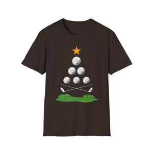 Golf Christmas Tree T-Shirt — Golf Ball Tree with Crossed Clubs Holiday Tee
