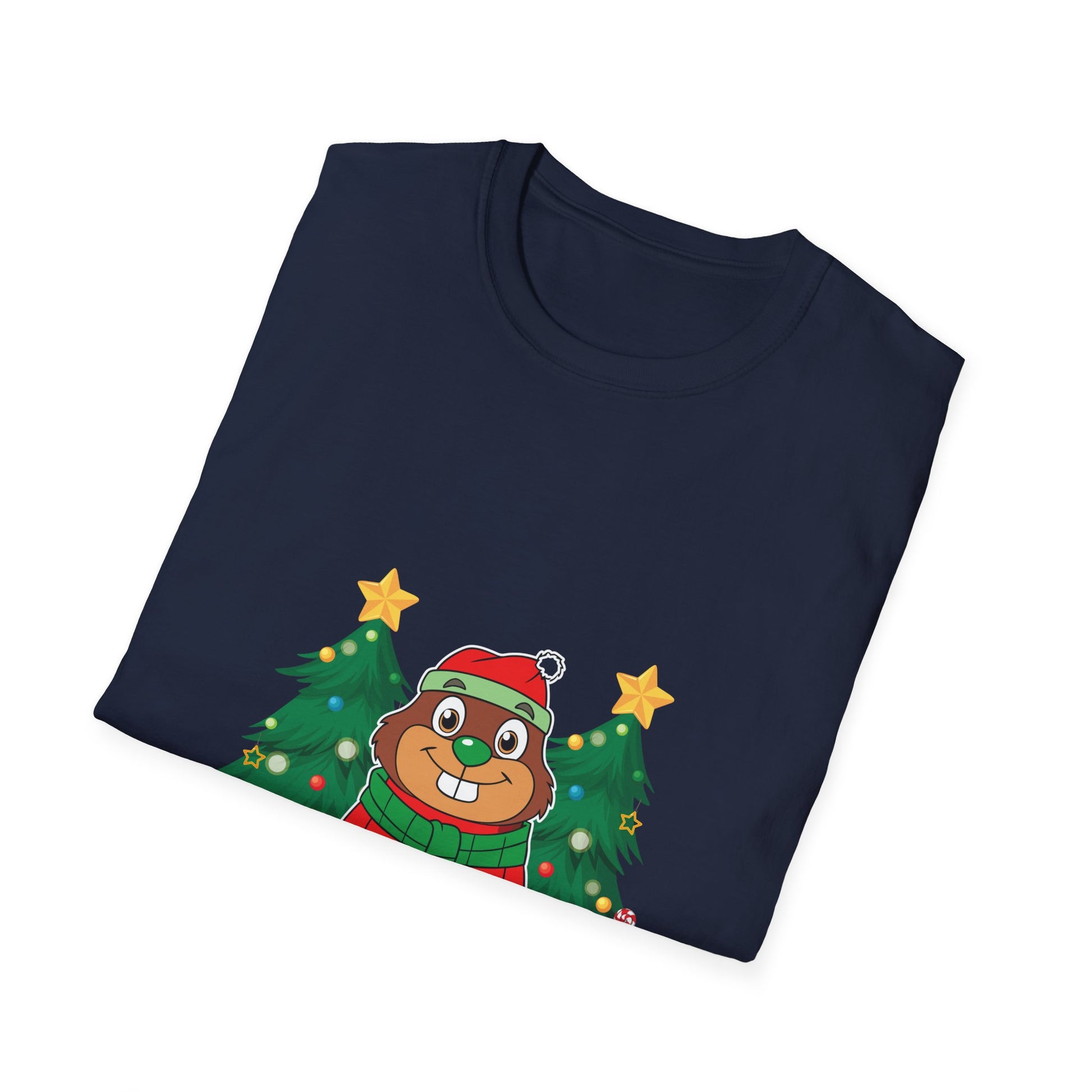 Christmas Groundhog T-Shirt — Cute Festive Groundhog in Scarf with Decorated Trees