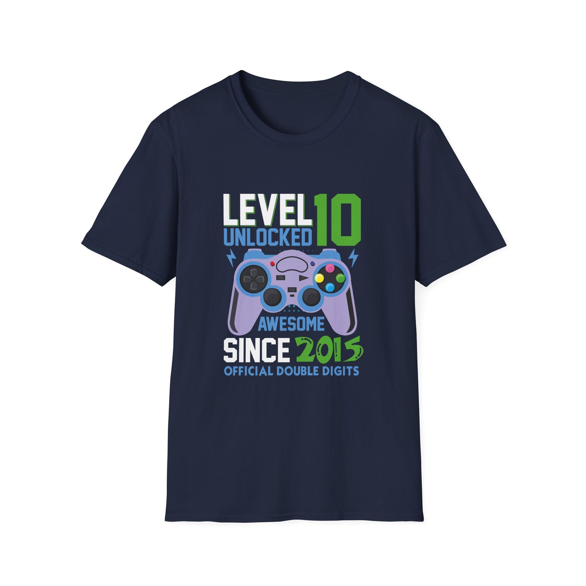 Level 10 Unlocked Since 2015 Gamer T-Shirt — Birthday Gift for 10-Year-Old Kids