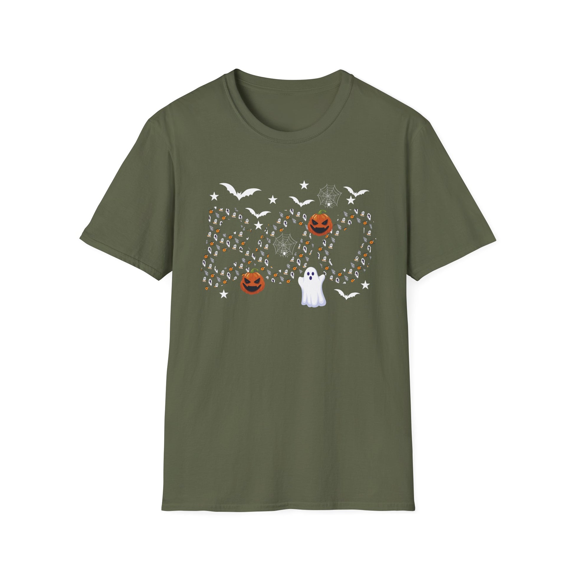 Halloween Boo Ghost Pumpkin T-Shirt — Spooky Bat & Candy Pattern Tee