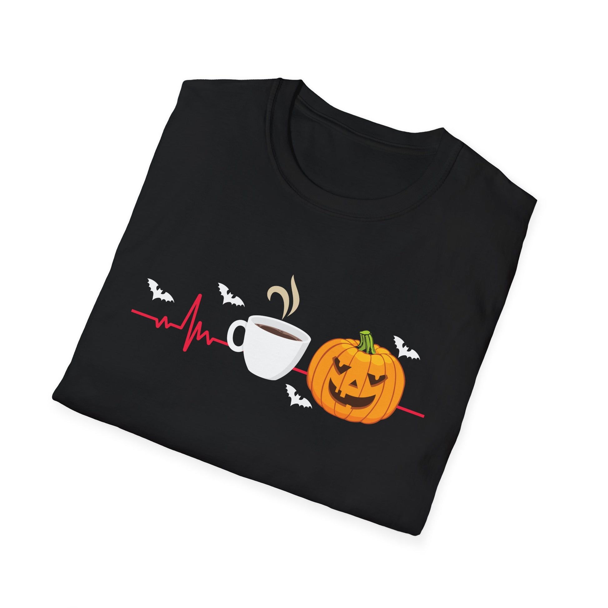Halloween Coffee T-Shirt — Pumpkin, Bat & Heartbeat Graphic Tee
