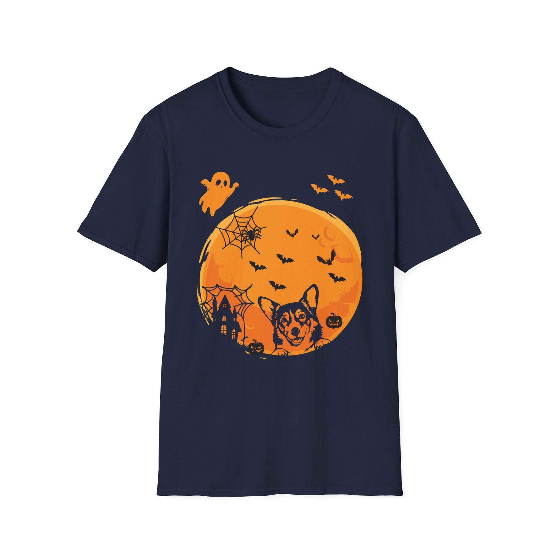 Halloween Corgi Moon T-Shirt — Spooky Pumpkin Night Tee with Bats & Ghost