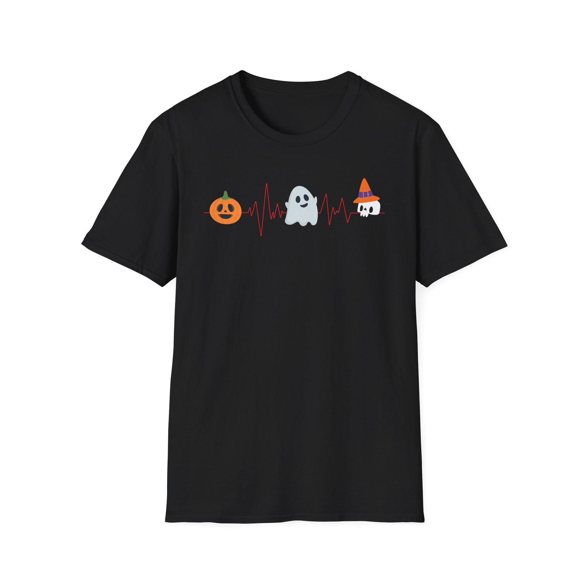 Halloween Heartbeat T-Shirt — Pumpkin, Ghost & Candy Skull Graphic Tee