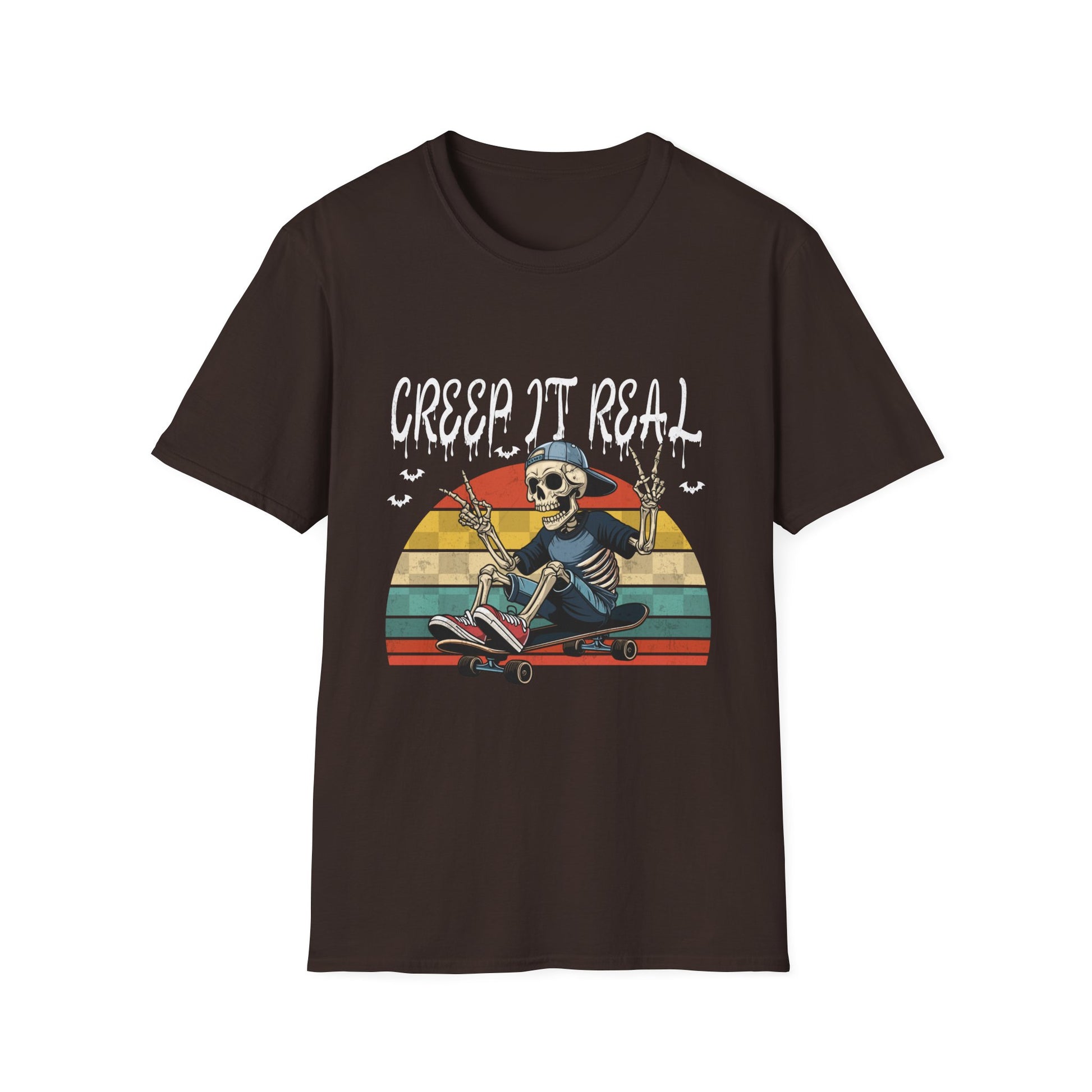 Creep It Real Skateboard Skeleton T-Shirt — Retro Halloween Skull Tee