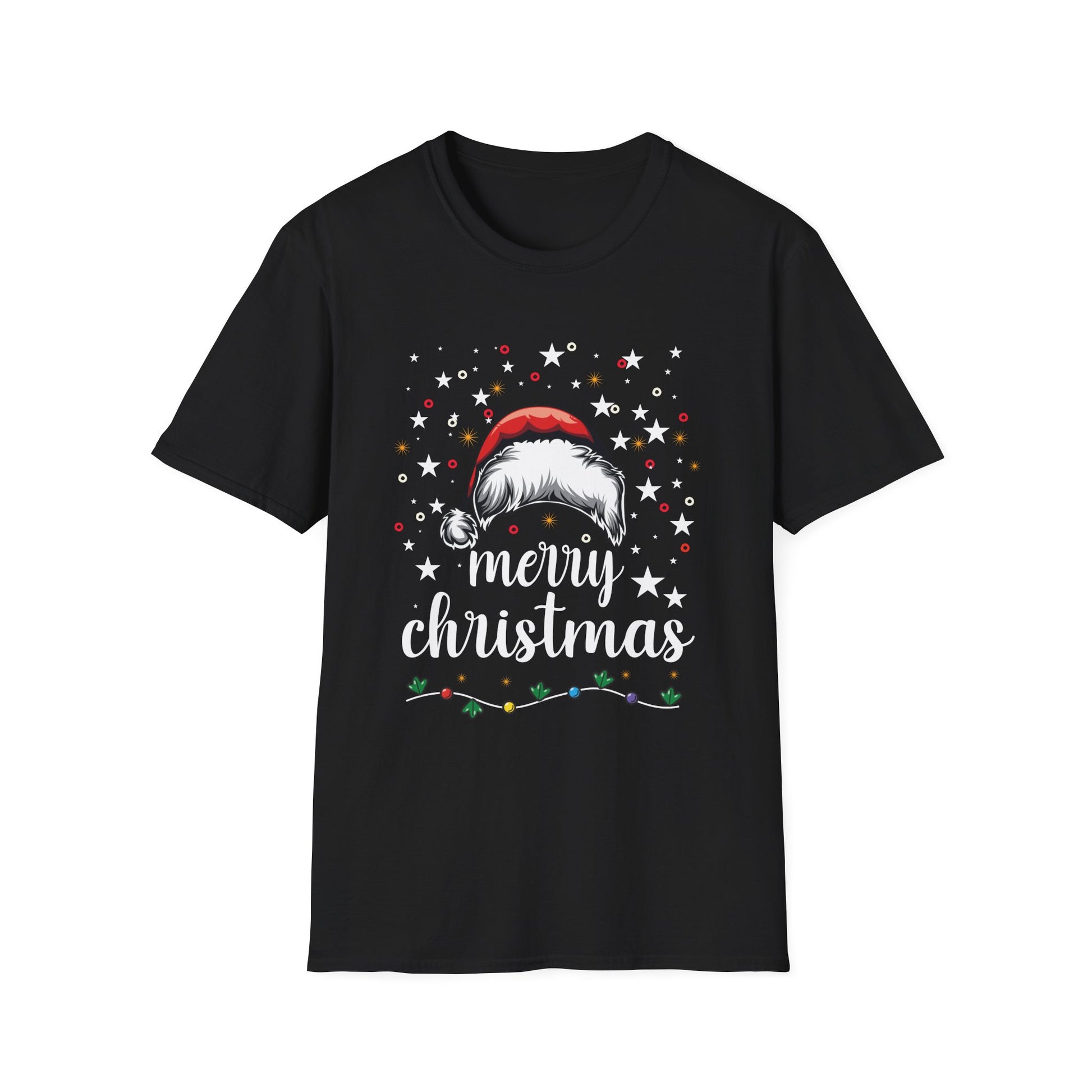 Christmas T-Shirt — "Merry Christmas" Santa Hat & Lights Holiday Tee